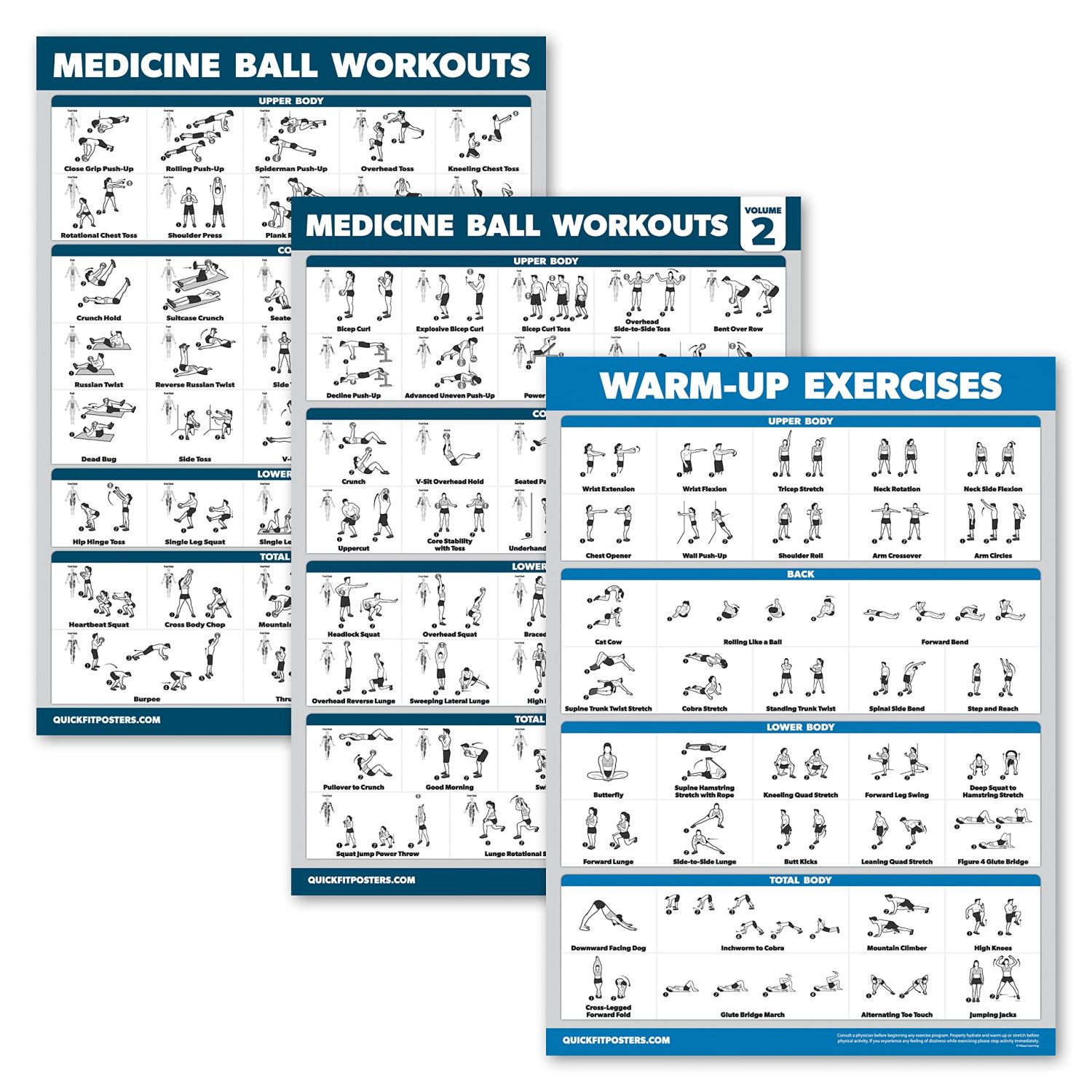 3 Pack - Medicine Ball Workouts Volume 1 &amp; 2 + Warm Ups Exercise Poster Set - Fitness Charts 18 ...