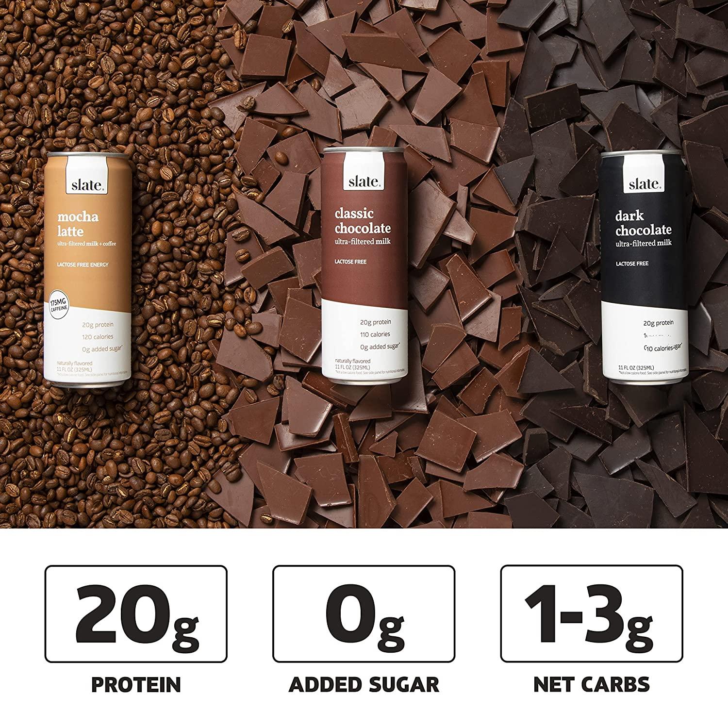 Slate Milk High Protein Shake, Variety Pack, Classic Chocolate, Dark Chocolate, Mocha Latte