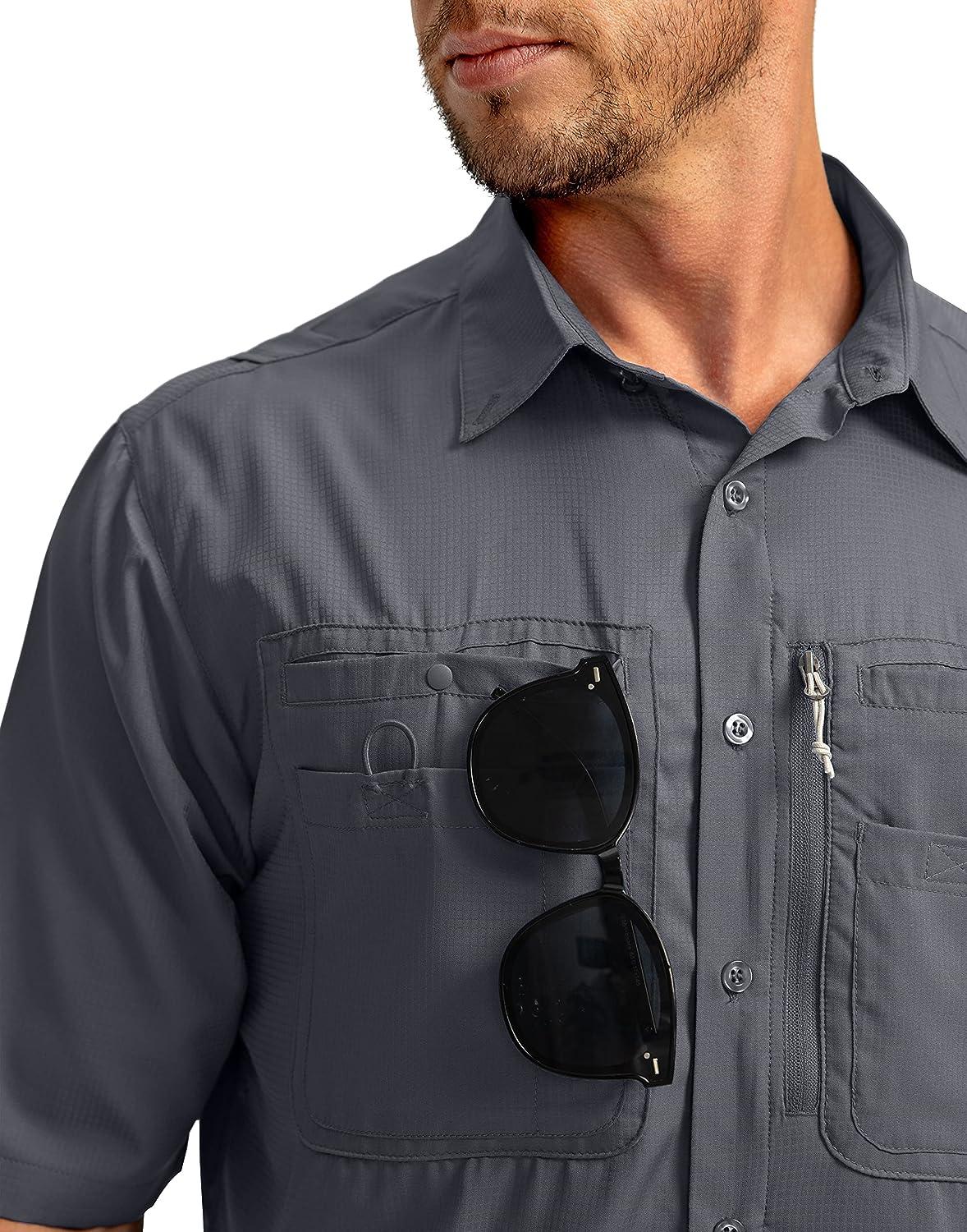 Men's Fishing Shirts with Zipper Pockets UPF 50+ Lightweight Cool Short  Sleeve Button Down Shirts for Men Casual Hiking Dark Grey X-Large