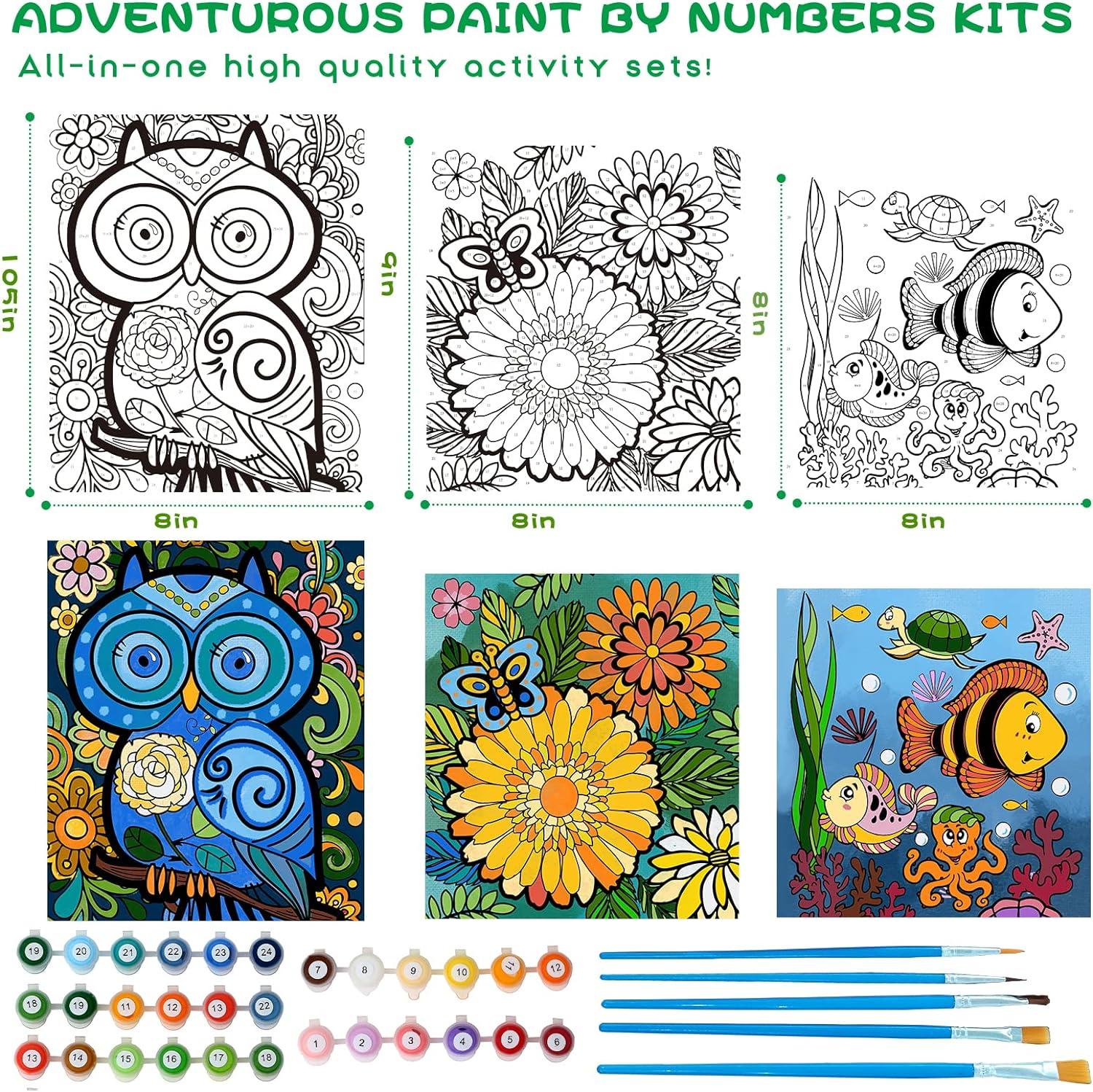 Volmop 3 Pack Paint by Numbers for Kids Ages 8-12,10 * 8 Color by Number  for Kids Framed Canvas with 17 Acrylic Paints and 6 Brushes, Kids'Paint by