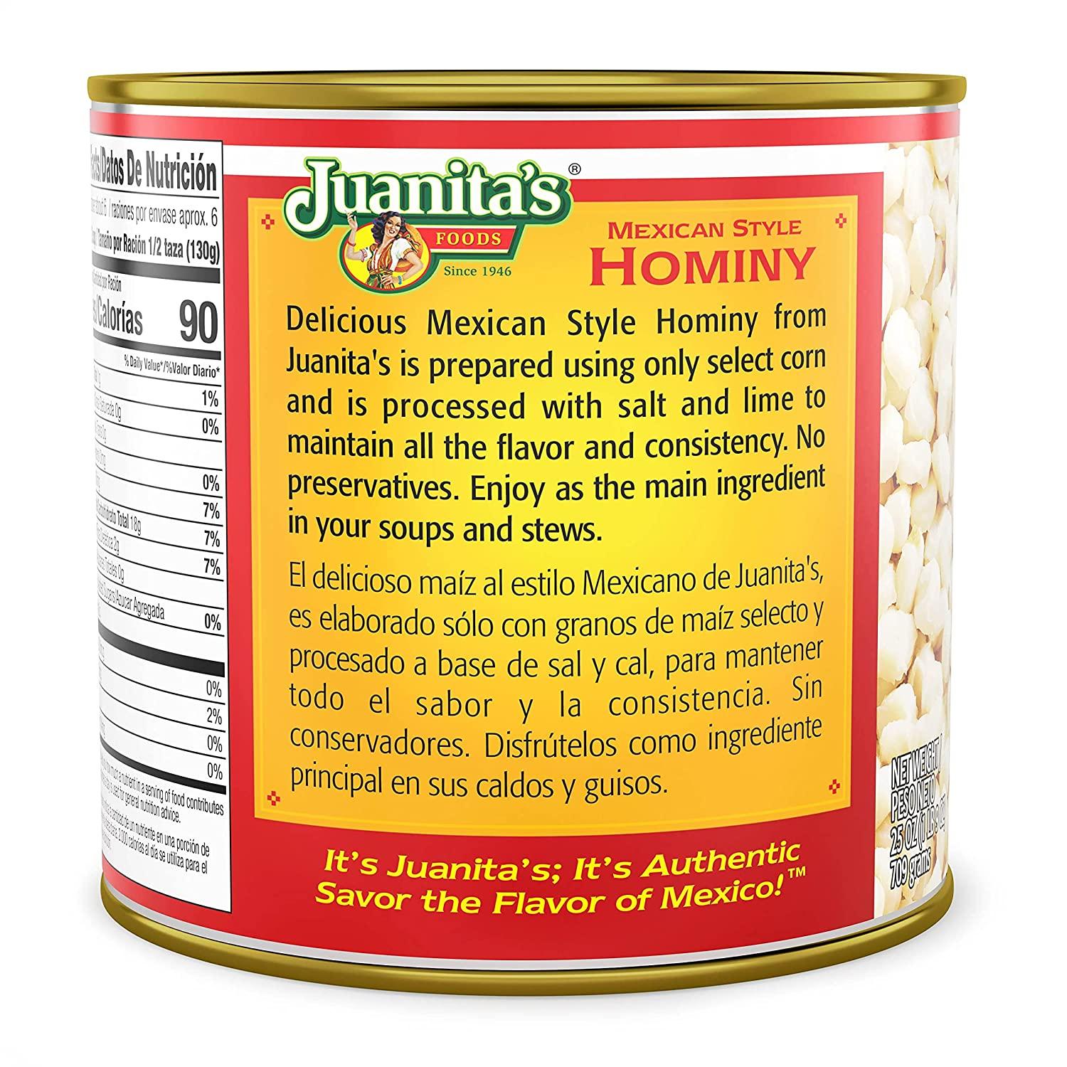 Juanita's Mexican Style Hominy 25 oz Authentic Flavor for Delicious