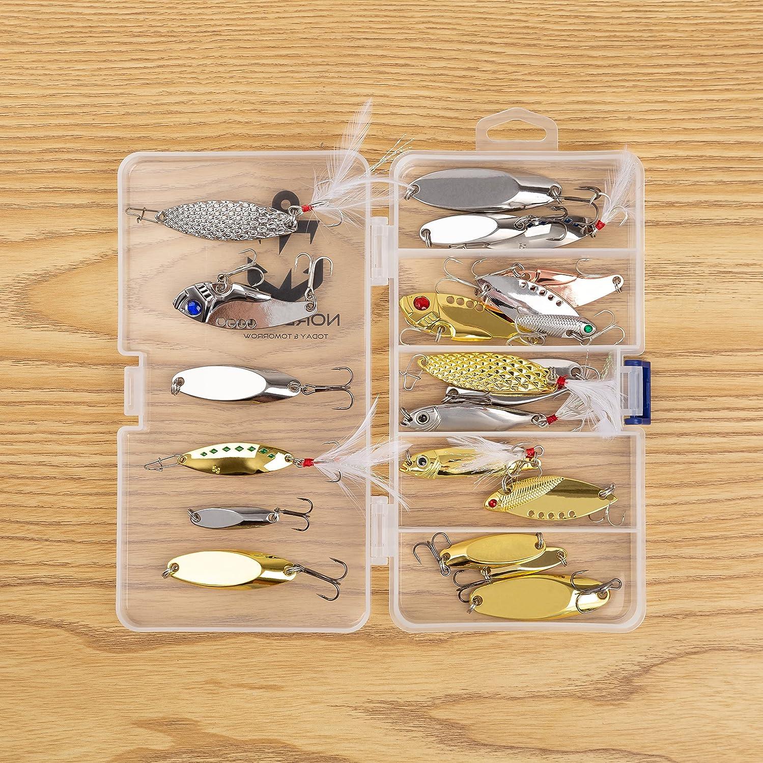 Nordtale Fishing Spoons Set 20pcs with Box 1/2OZ 1/4OZ 1/8OZ Gold Silver  Metal Lures with Treble Hooks Hard Baits for Bass Trout Steelhead Salmon  Pike Walleye