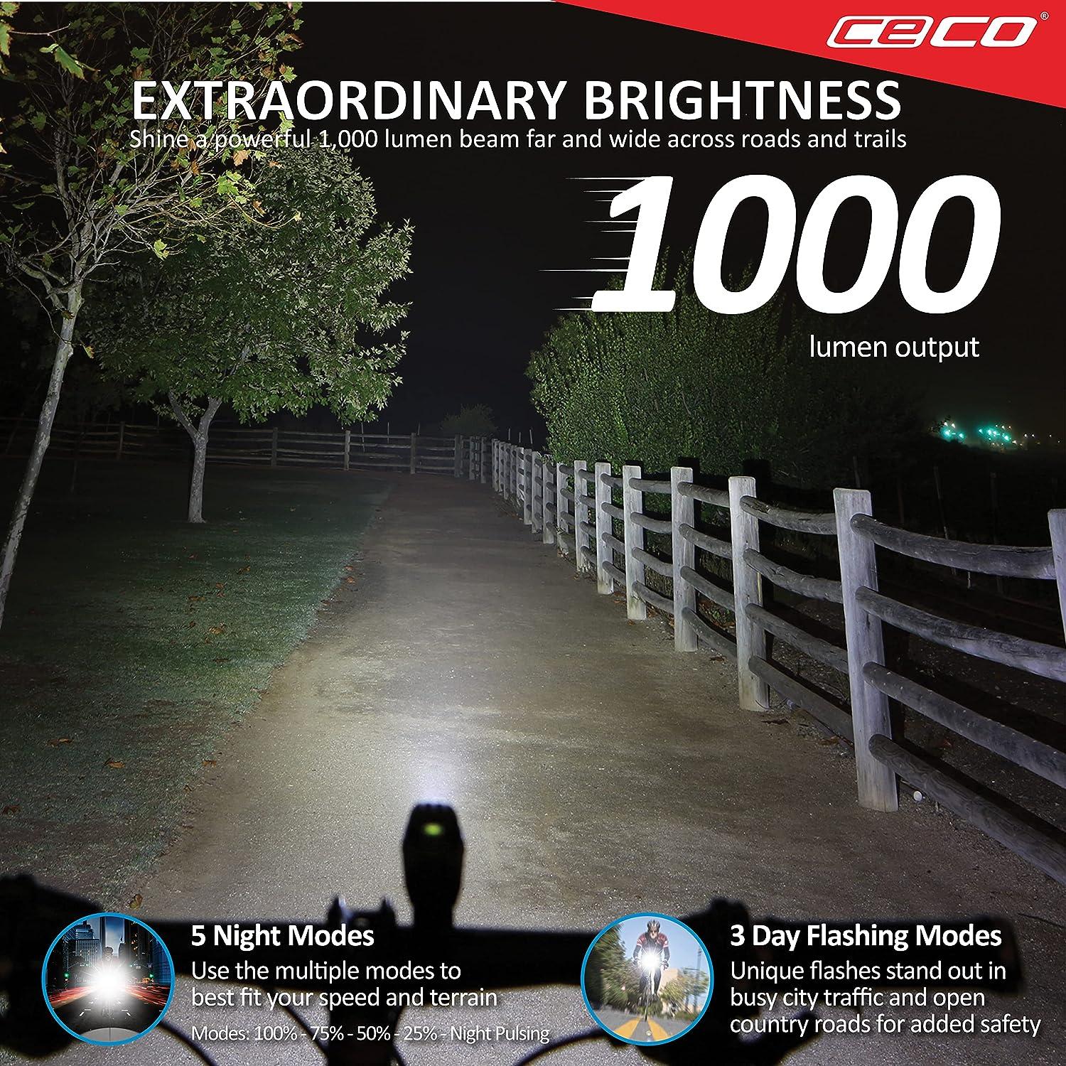 CECOUSA 1000 Lumen Headlight & 100 Lumen Tail Light Combo Pack
