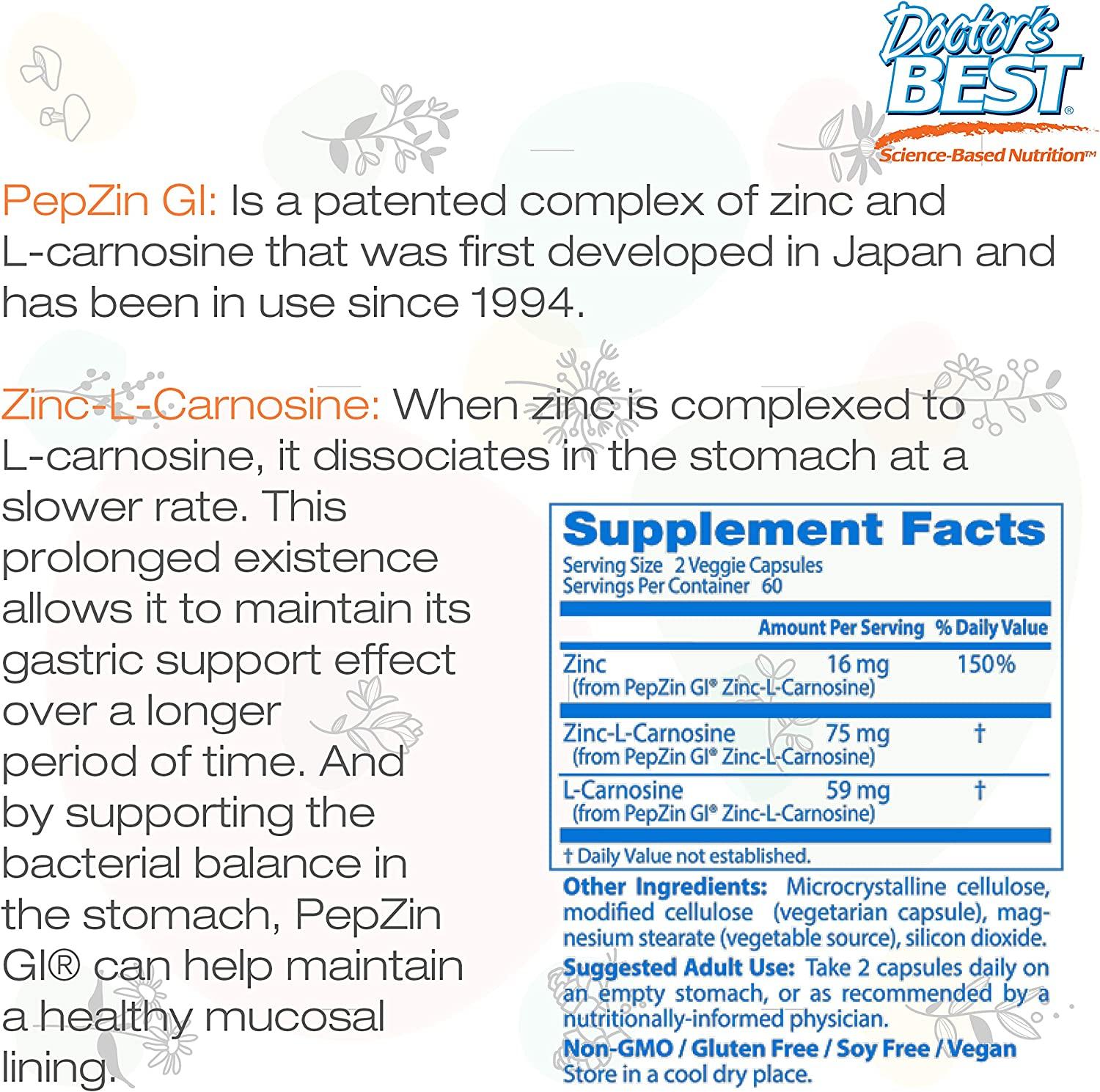 Doctor's Best PepZin GI ZincLCarnosine Complex, 120