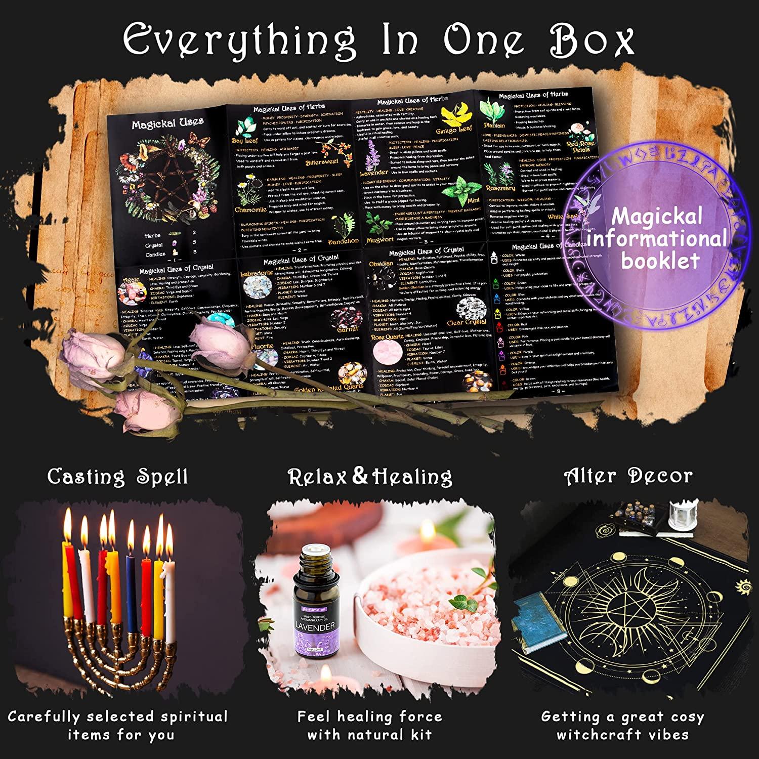 Wiccan Spell Kit Witchcraft Supplies with 60 PCS Tools, Dried Herb