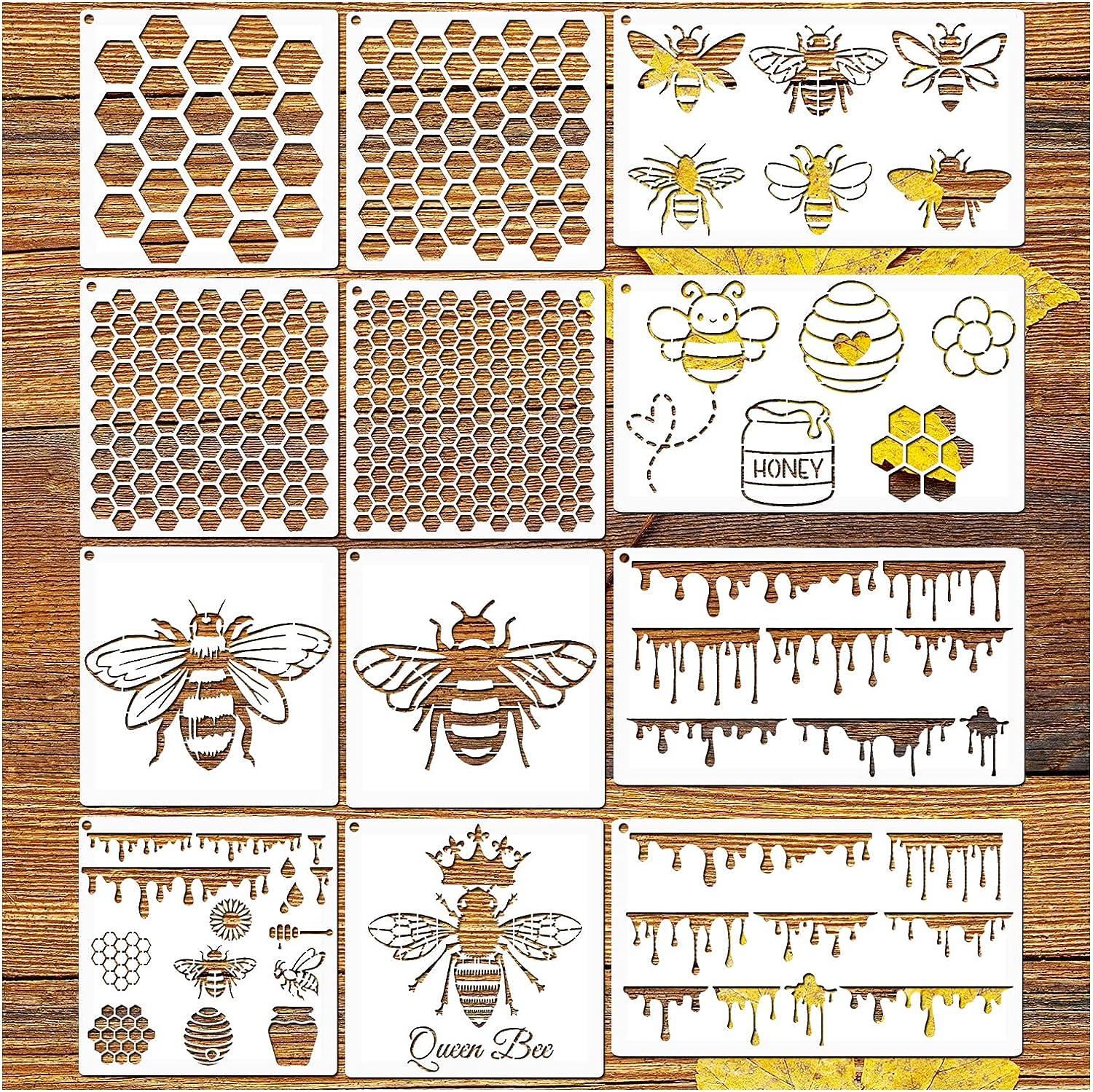 12 Pieces Bee Honeycomb Stencil, Reusable Bee Stencils for Painting on Wood  Signs Furniture DIY Crafts Wall Canvas Fabric Plastic Drawing Template  Hexagon Paint Wood Burning Stencils (bee)
