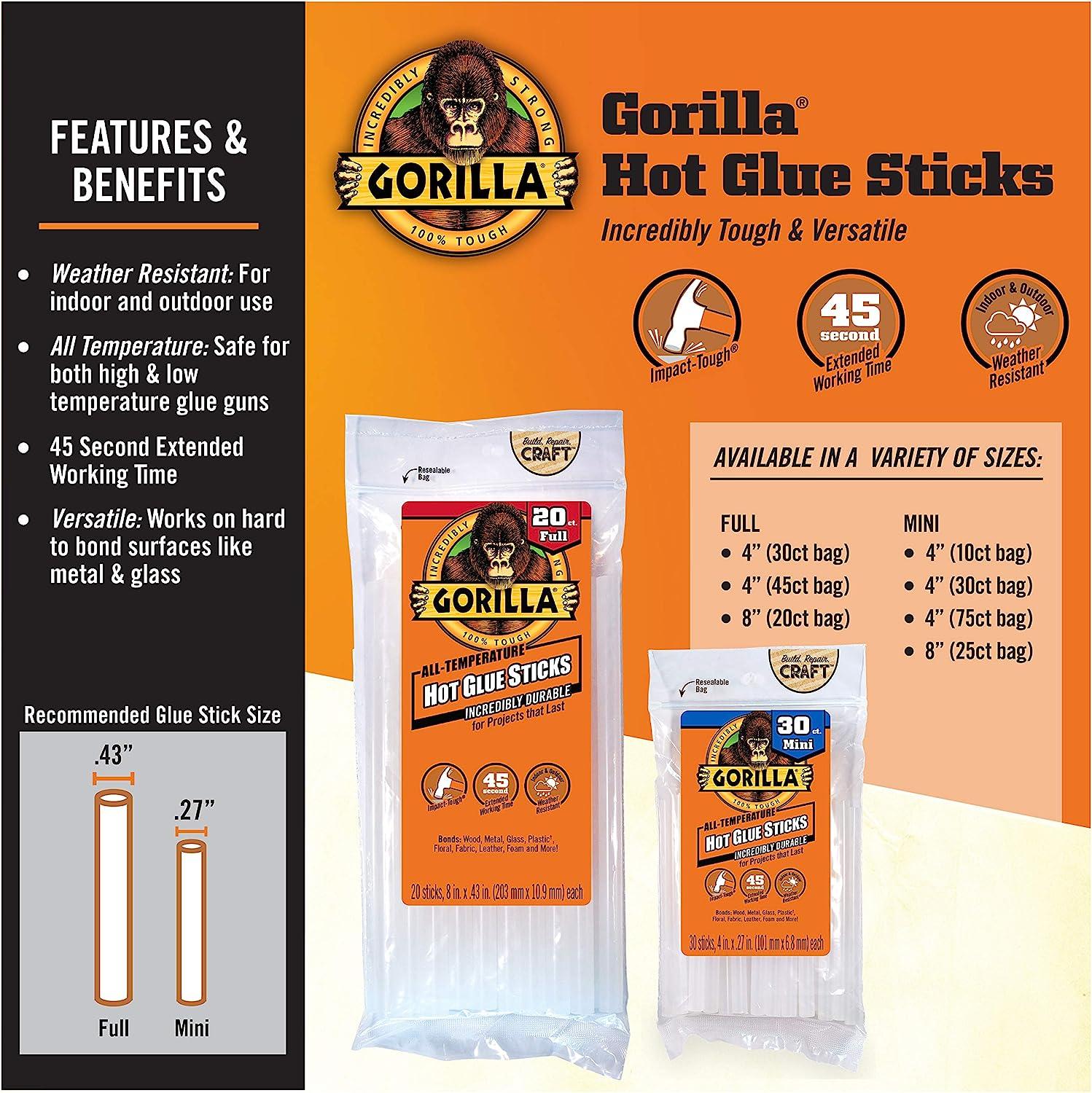 Gorilla Hot Glue Sticks, Mini Size, 4 Long x .27 Diameter, 30 Count, Clear