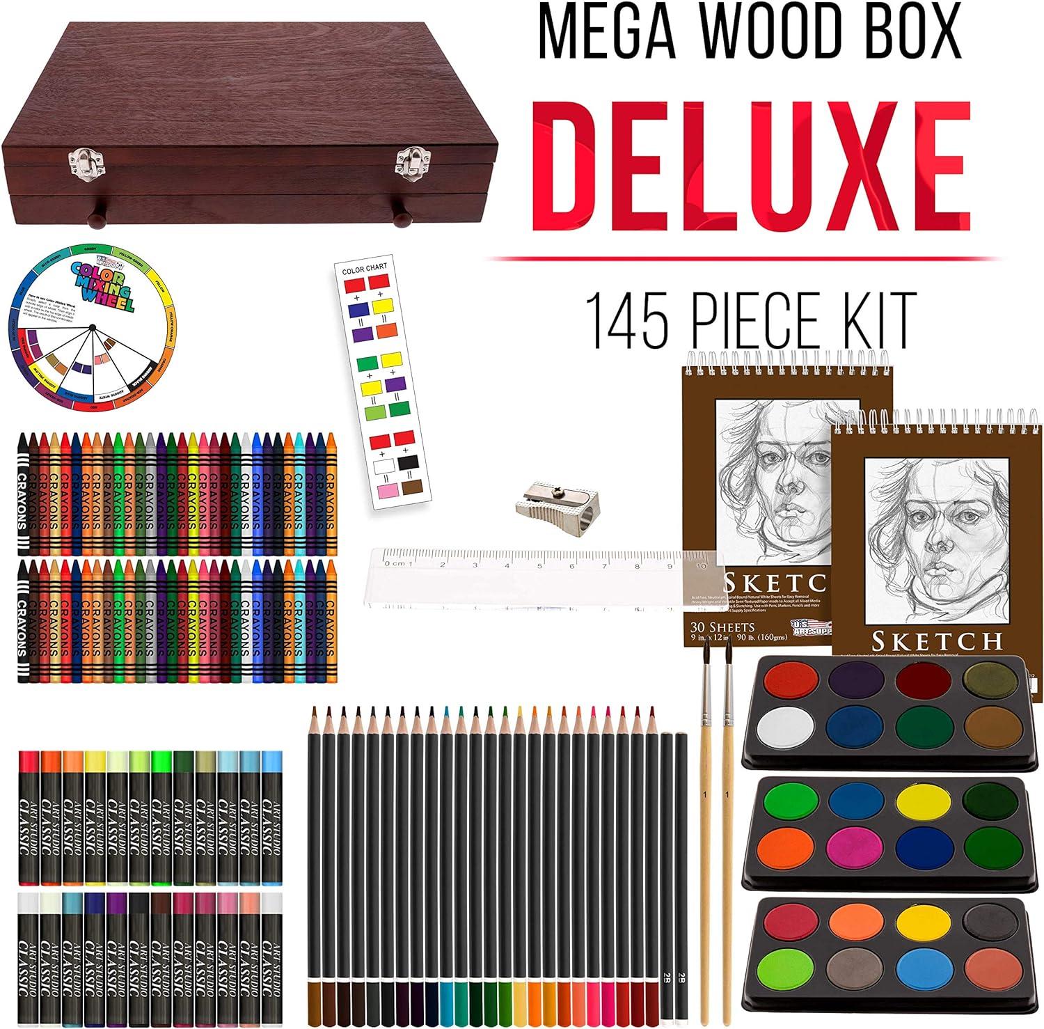 U.S. Art Supply 162-Piece Deluxe Mega Wood Box Art Painting and Drawing Set  - Artist Painting Pad 2 Sketch Pads 24 Watercolor Paint Colors 24 Oil  Pastels 24 Colored Pencils 60 Crayons 2 Brushes