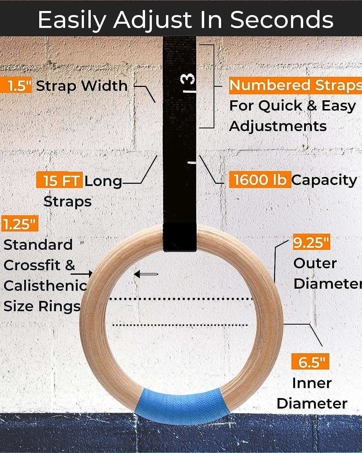 Allergie Perfect Dezelfde Wooden Gymnastic Rings with Adjustable Straps - 1.25 Non-Slip Olympic Rings  1600lbs - 15ft Long Numbered Straps - Quick Install Cam Buckle - For Pull  Ups Cross-Training and Home Gym Full Body Workout