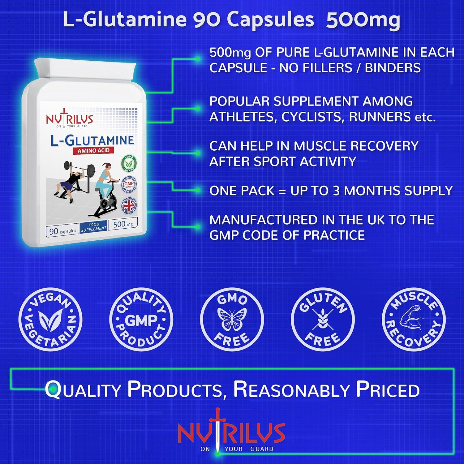 L-Glutamine 90 X 500mg Capsules  Not Tablets  100% Pure Amino Acid No Fillers Or Binders High Strength Premium Supplement Suitable For Vegetarians Vegans Exclusively Manufactured In The Uk