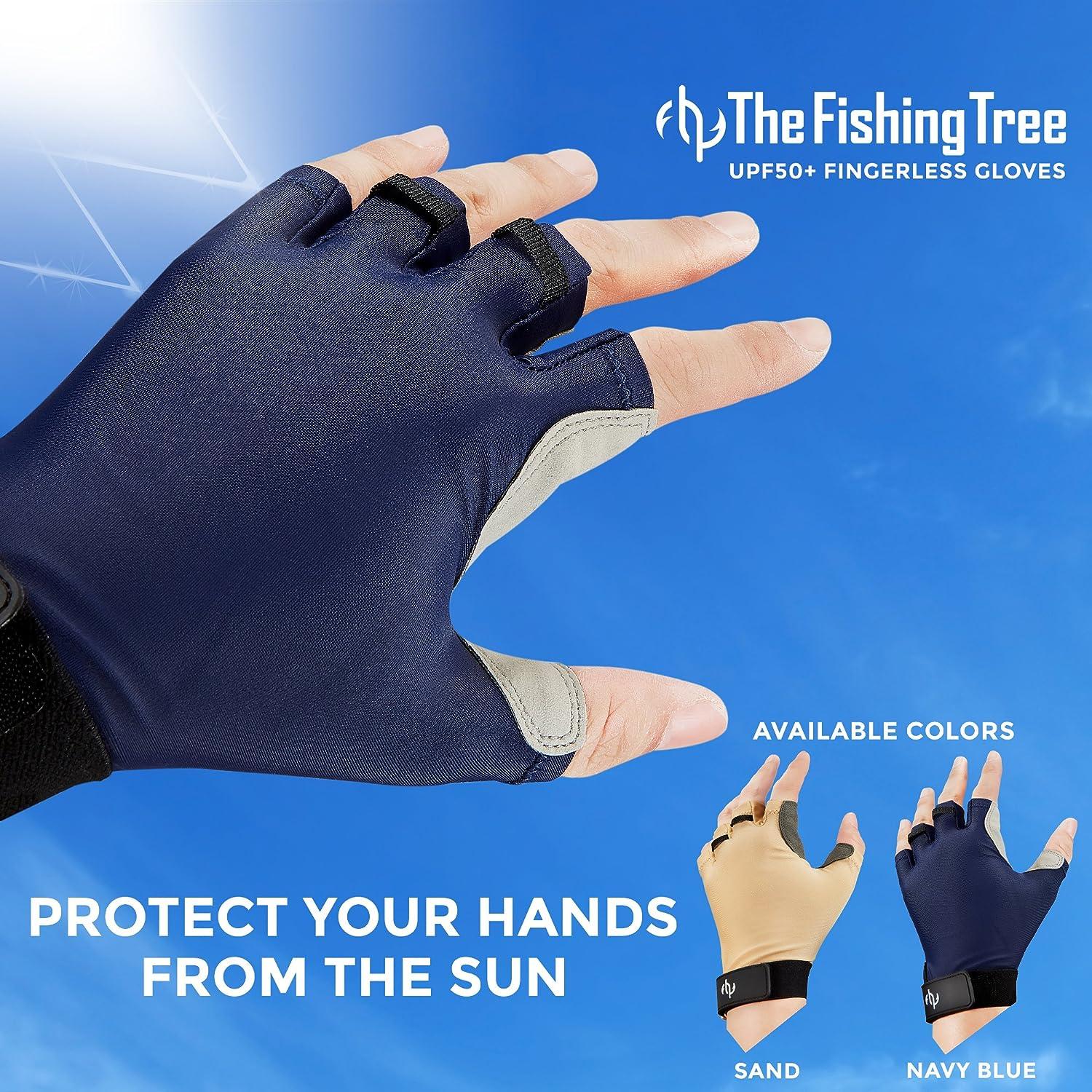 Fishing Tree Fingerless Gloves UPF50+ Protection Navy Ideal for Kayaking, Hiking, Paddling