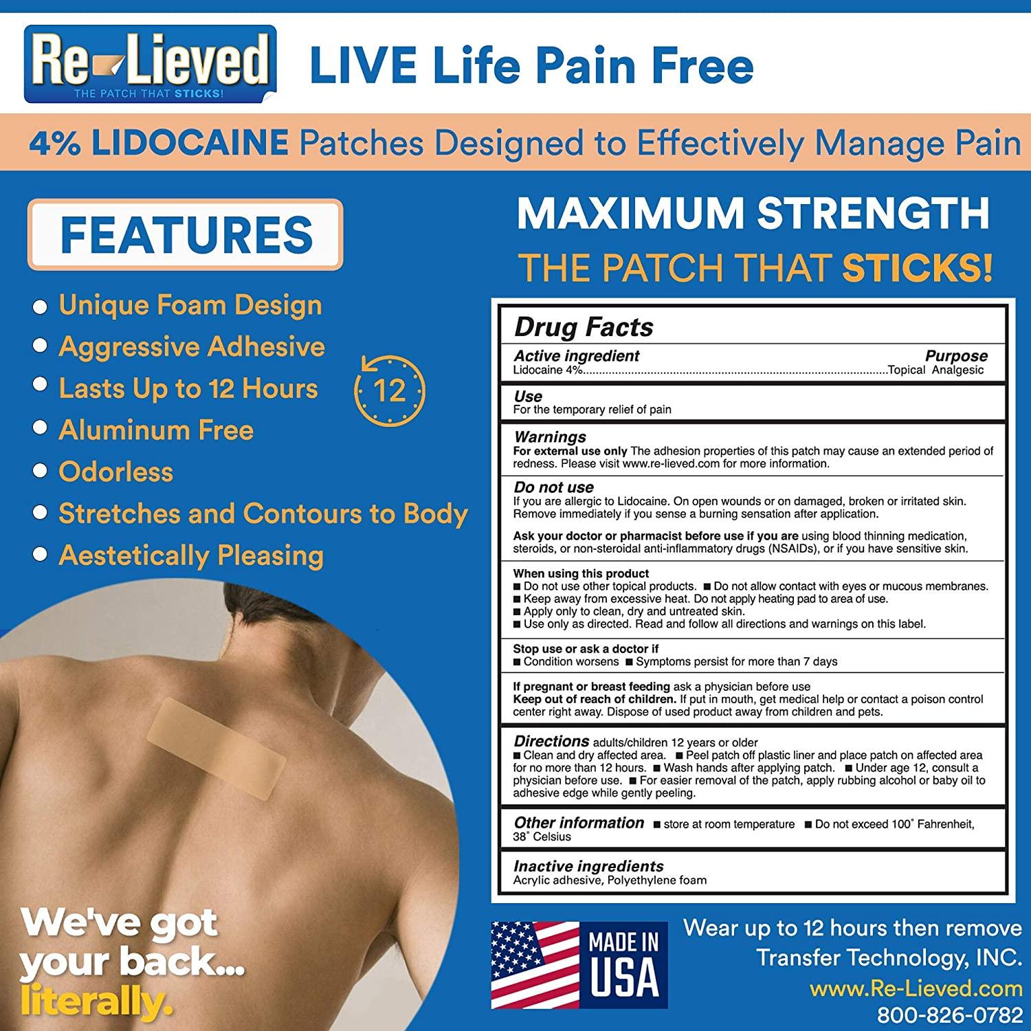 ReLieved 4 Lidocaine Patches Maximum Strength AluminumFree, Water Resistant and USA Made