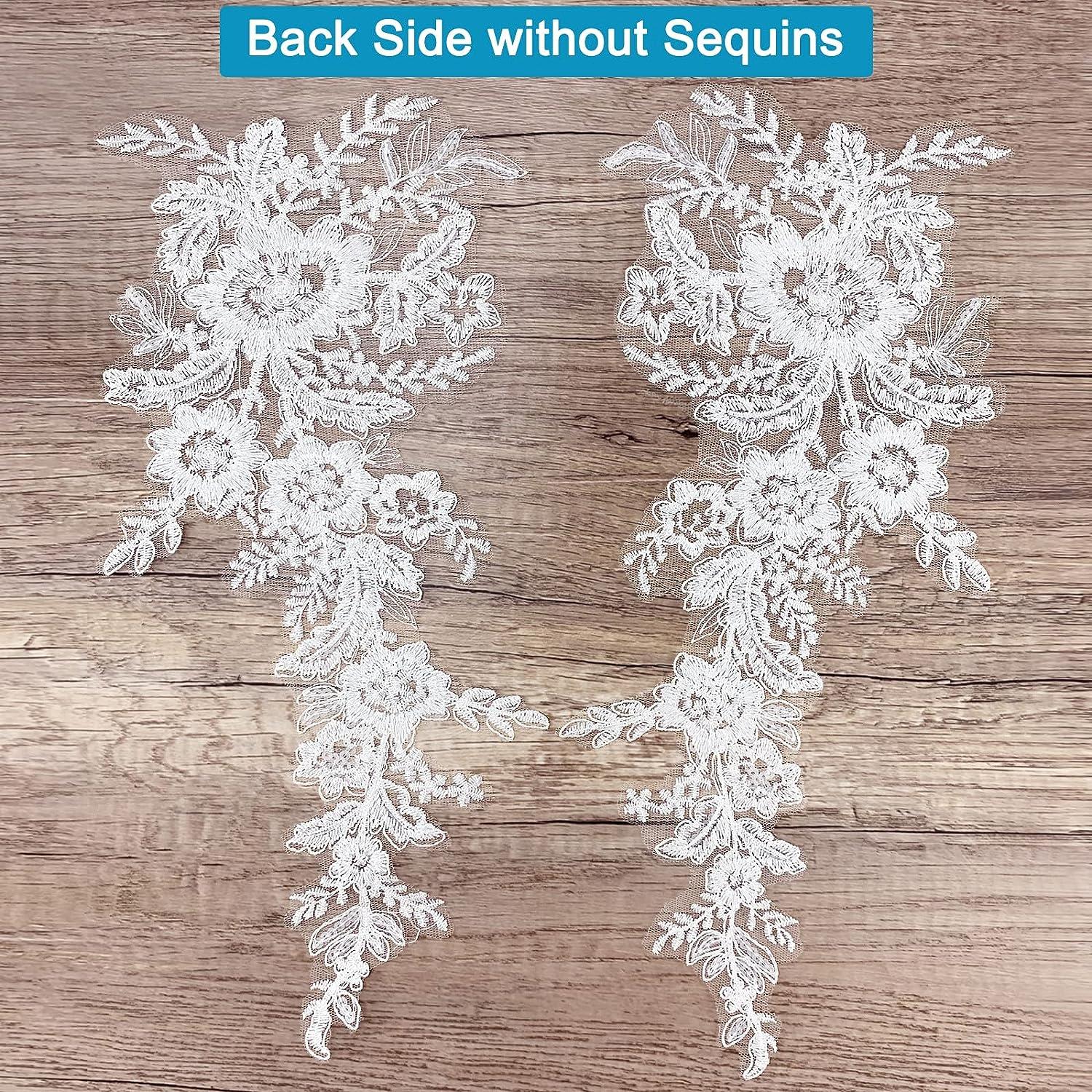 1 Pair Sequin Embroidered White Lace Applique for Wedding Dress Decoration  Lace Fabric Flower Appliques for Clothes