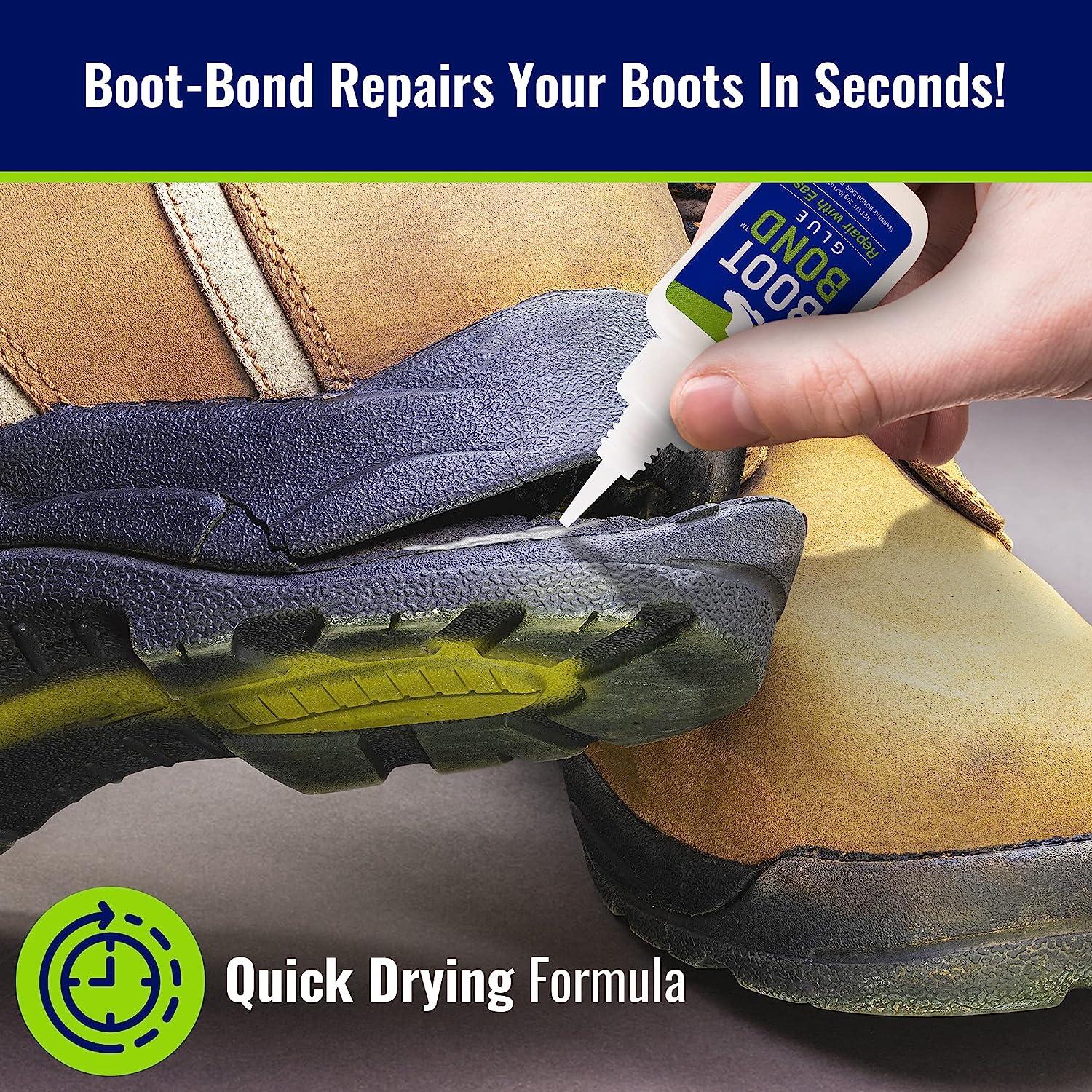 BOOT BOND Boot Glue - Quick Dry Boot Repair Formula Works in Seconds -  Tough But Flexible Glue Seal - Waterproof Boot Heel Fix Works On Shoe Heel  Repair, Thick Sole Boots