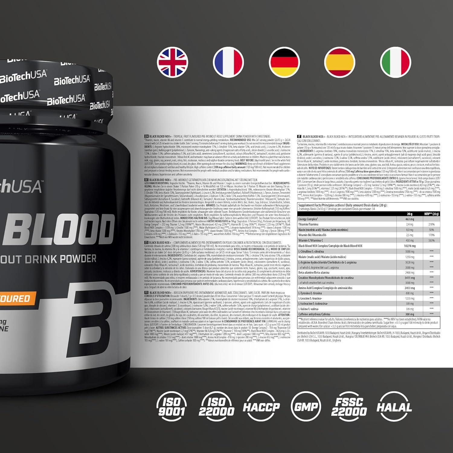 BioTechUSA Black Blood NOX | Pre-Workout Formula | With Caffeine, Creatine, Tyrosine | Sugar-Free | 340 G | Tropical Fruit