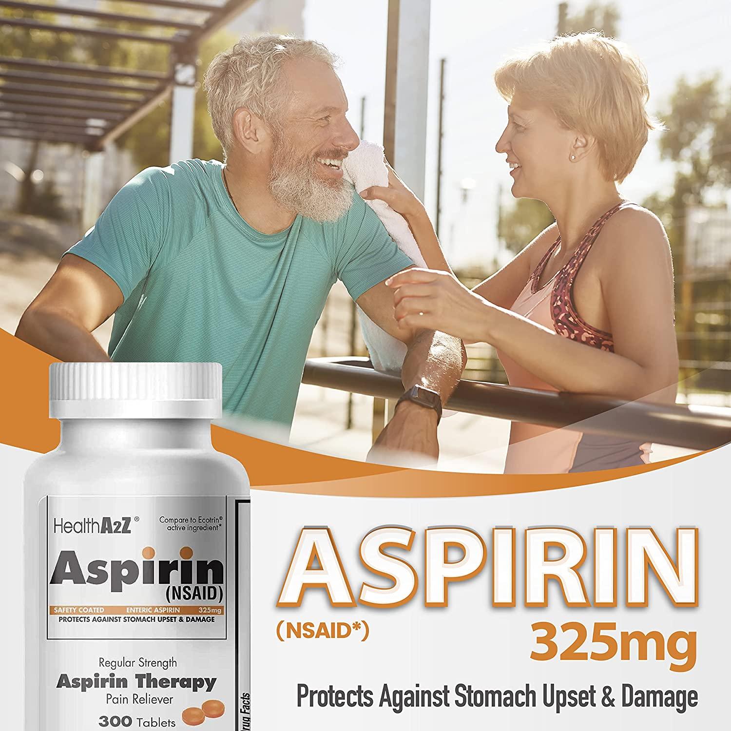 HealthA2Z Aspirin 325mg 300 Counts Regular Strength Orange Safety Coated Tablets Enteric