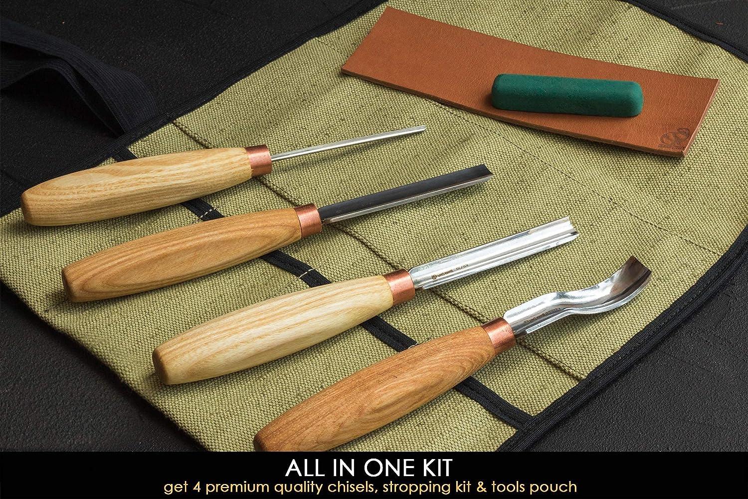 Gouge Wood Carving Tools Kit in Rolling Pouch With Leather 