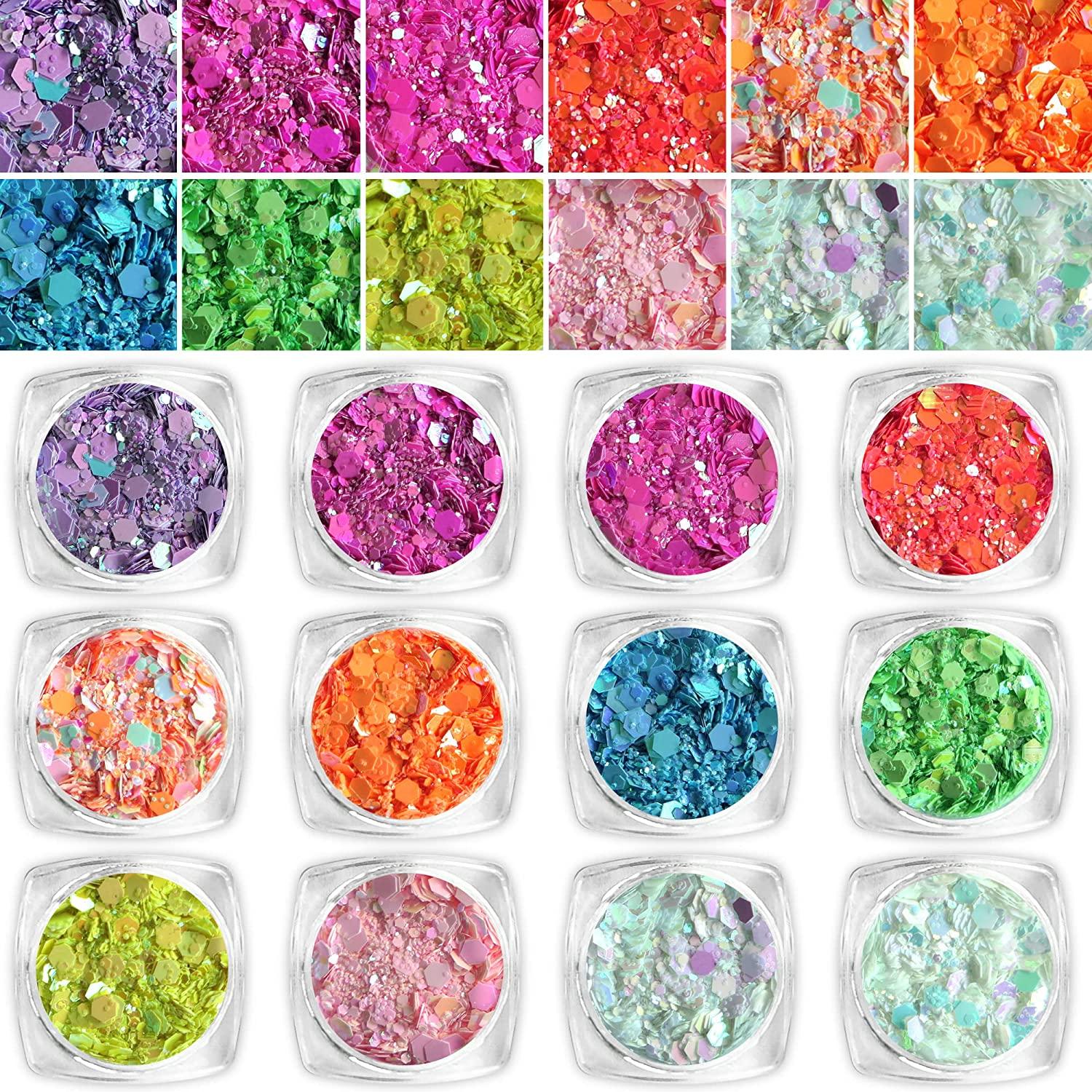 AddFavor 24 Colors Iridescent Glitter Chunky Nail Glitter Flakes  Fluorescent Neon Sequins for Nail Art/Face/Body/Craft Project (Iridescent  AB Colors)