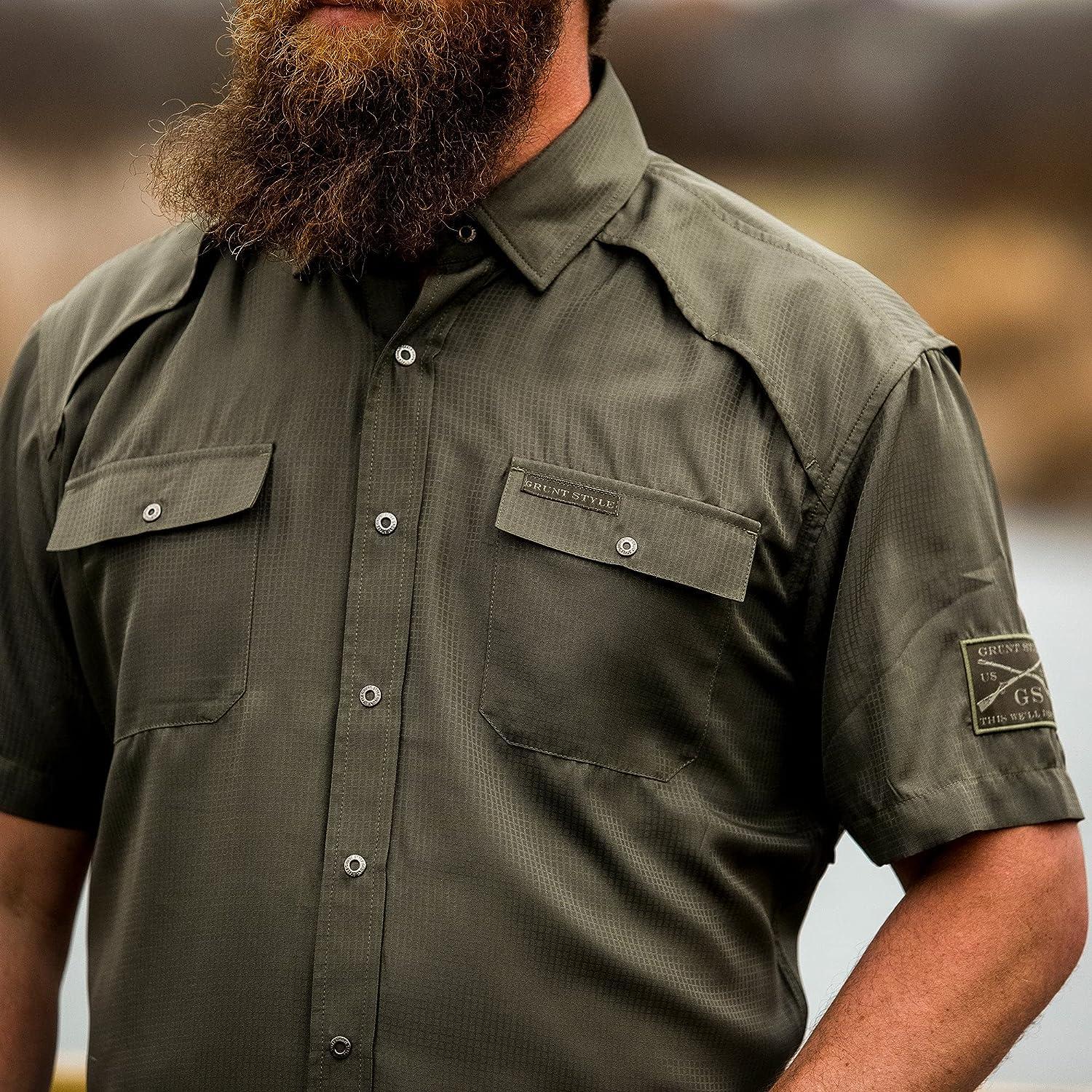 Grunt Style Fishing Shirt Short Sleeve Button Down Olive Small