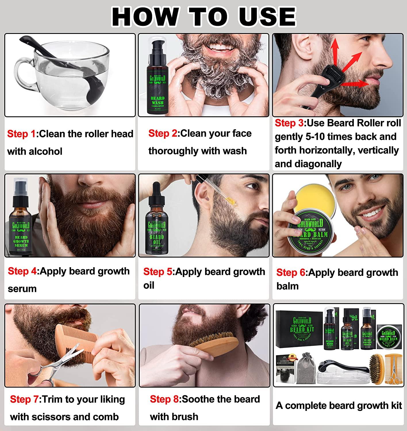 Complete Beard Growth Kit for Men Beard Roller, Wash, Serum, Oil