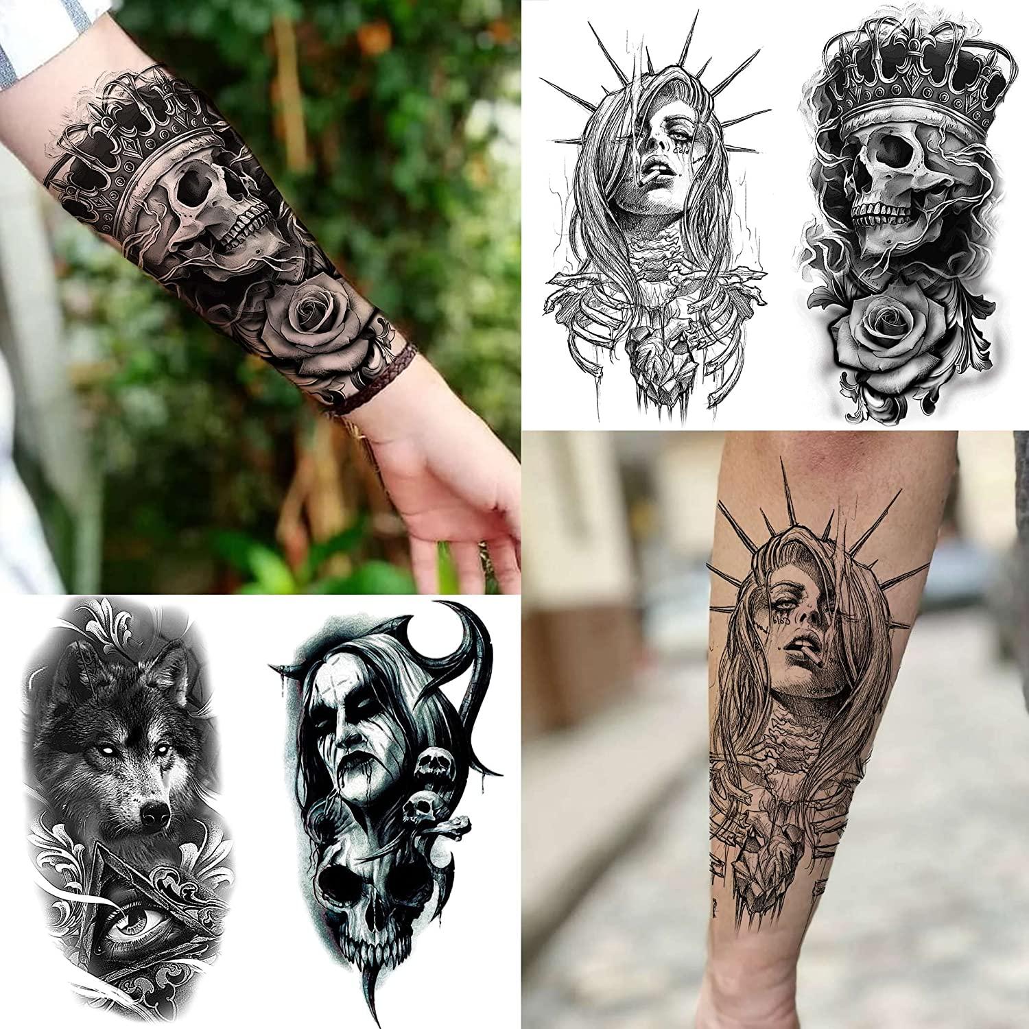 Shegazzi 62 Sheets Wolf Lion Skeleton Temporary Tattoos For Men Women Arm,  3D Realistic Tattoo Stickers For Adults Kids Neck, Black Scary Skull  Halloween Vampire Fake Tatoos Snake Flower Compass