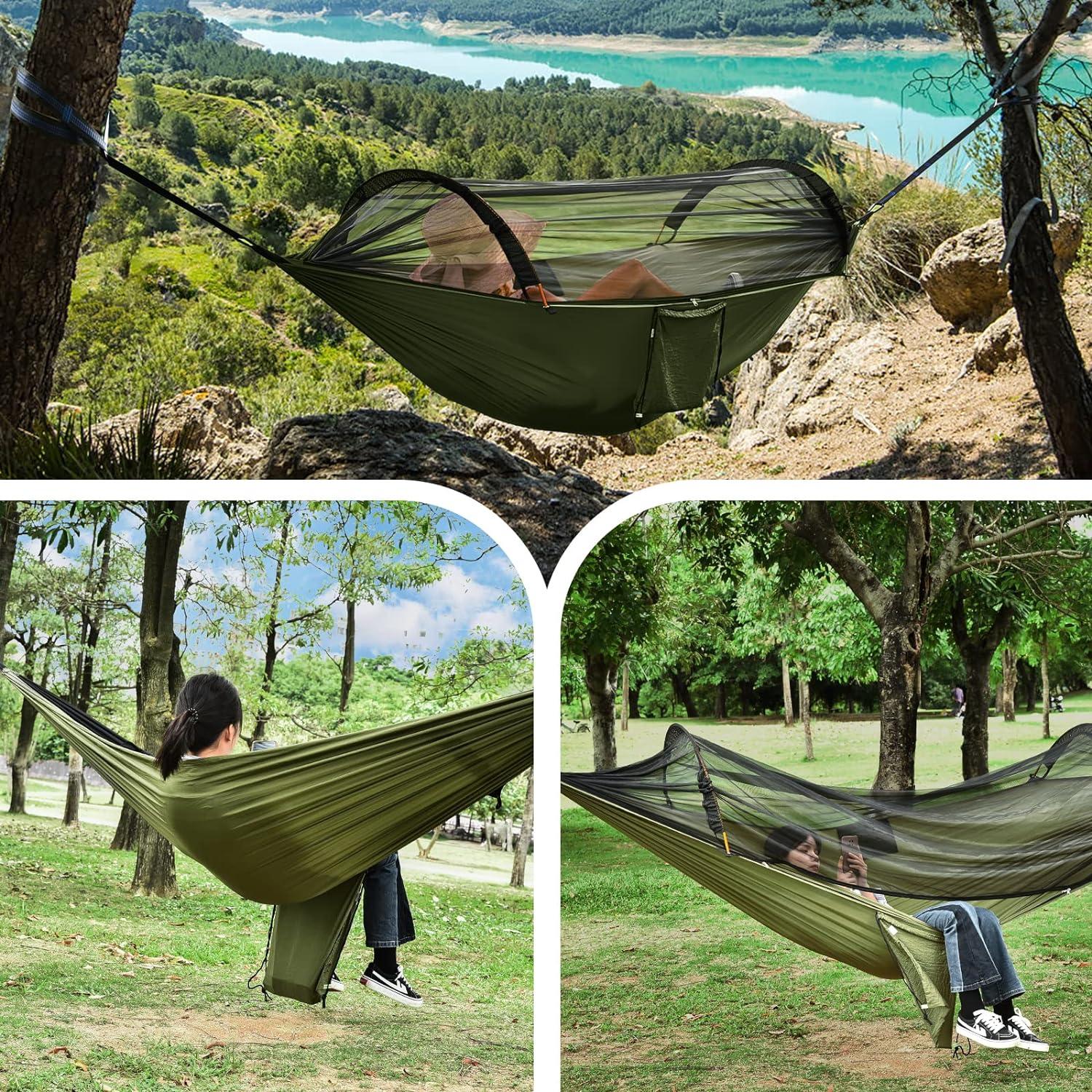 ELUTENG Camping Hammock with Mosquito Net Portable Lightweight 2 Person  Pop-up Parachute Hammocks Hanging Tree Straps Swing Hammock Bed for Outdoor  Backpacking Camping Adventure Hiking