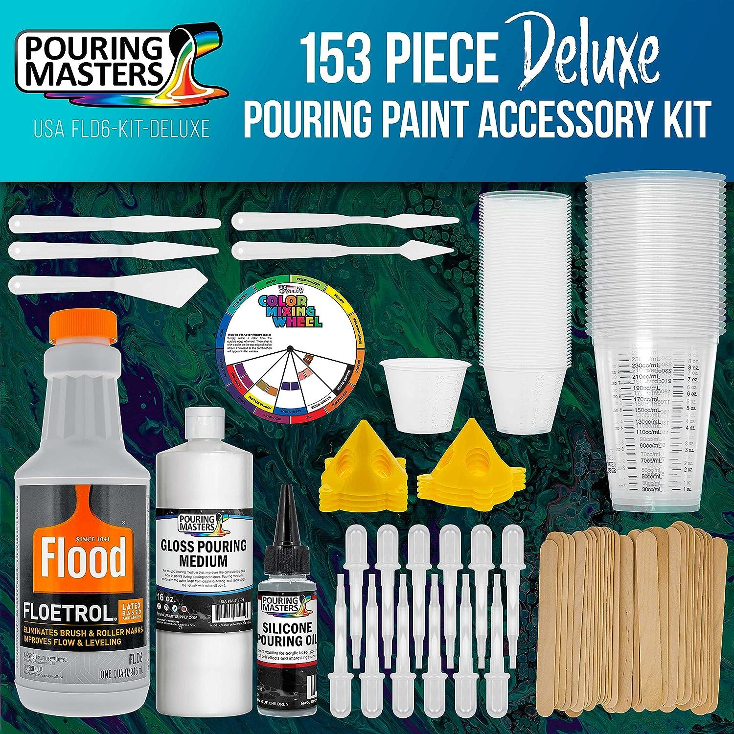 U.S. Art Supply - 1 Quart Floetrol Additive Pouring Supply Paint Medium  Deluxe Kit for Mixing Epoxy Resin - Silicone Oil 1 and 10 Ounce Plastic  Cups Mini Painting Stands Sticks Pallete Knifes
