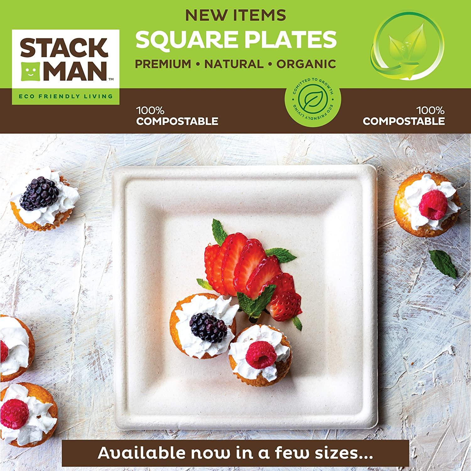 [100 Pack] Square 6 x 6 Biodegradable Bagasse Plates in White Eco Friendly M