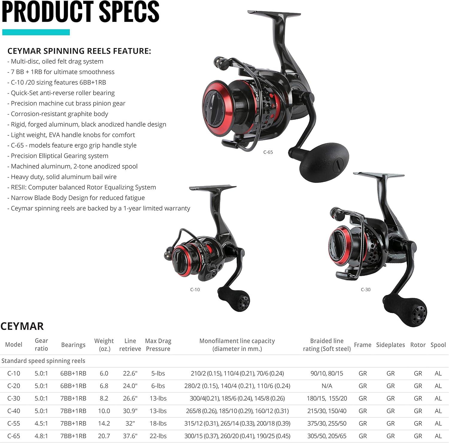 Okuma Ceymar Spinning Reel C-30, 110yd-10LB | Lightweight and Smooth  Performance