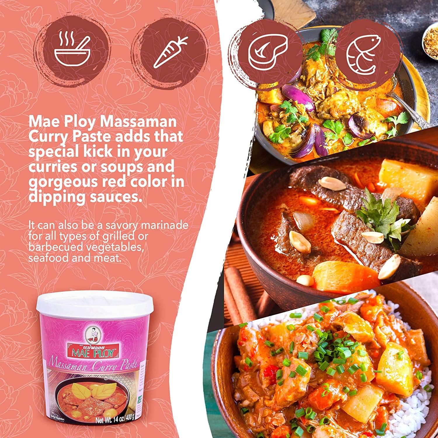 Authentic Mae Ploy Massaman Curry Paste 14 oz Tub for Thai Curries & Dishes Aromatic Blend