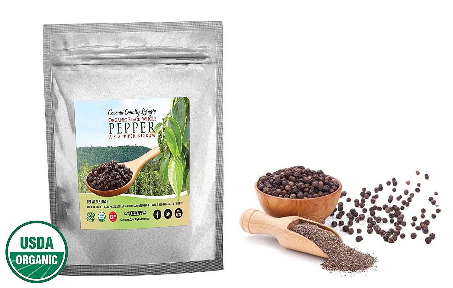 Organic Fair Trade Whole Black Peppercorns NonGMO 16 oz/1 lb Grinder