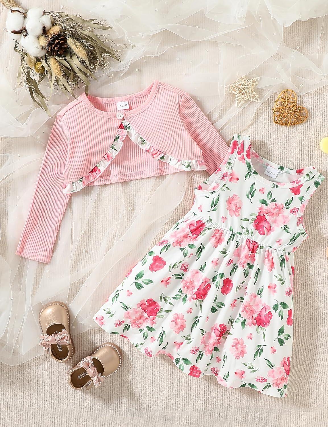 puseky Toddler Girl Dress and Cardigan 2 Piece Girl Floral Print Sleeveless Dress and Ribbed Cardigan Coat Set 2-3 Years Wine Red