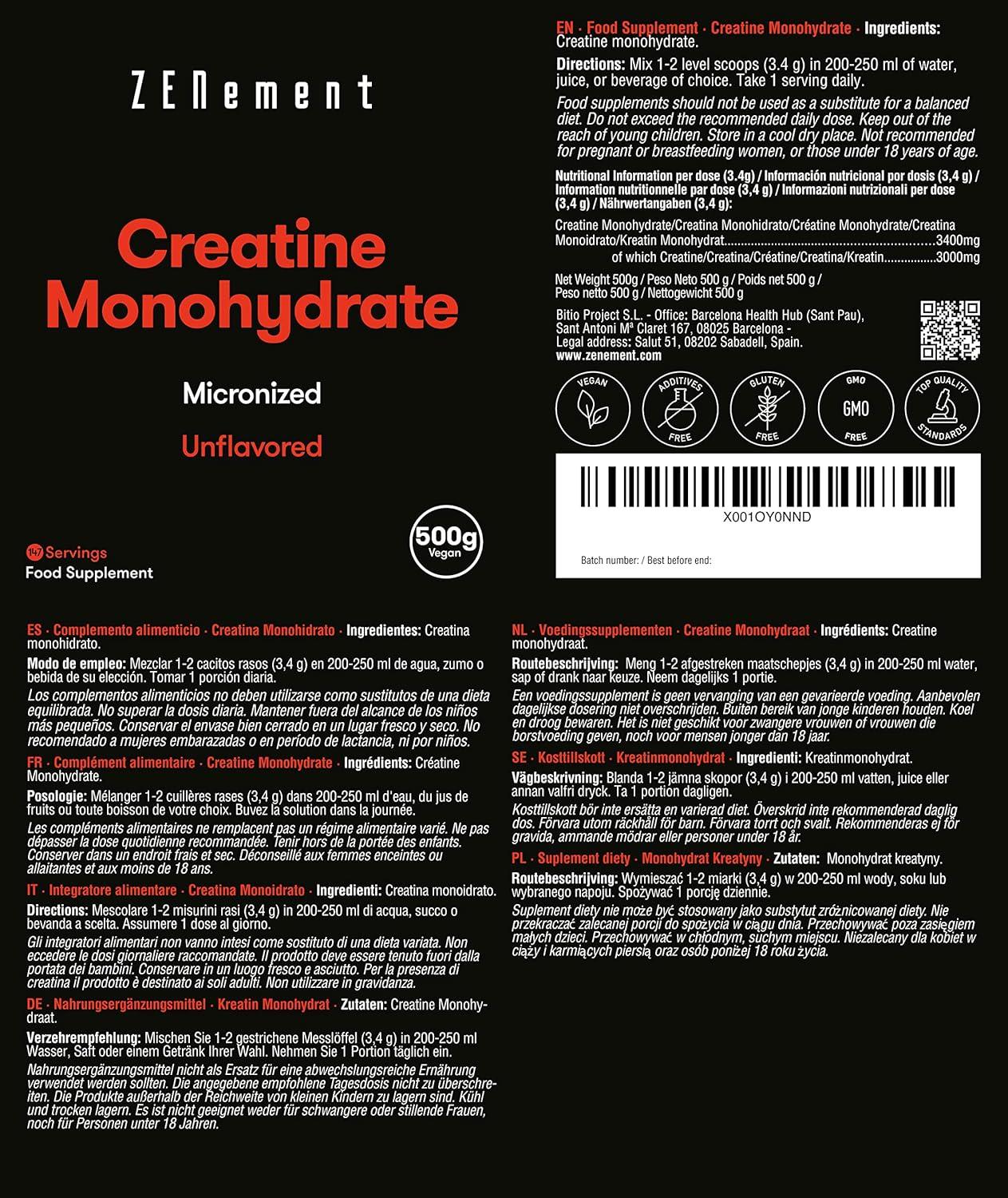 Creatine Monohydrate Pure Powder, 500 G | Micronized, No