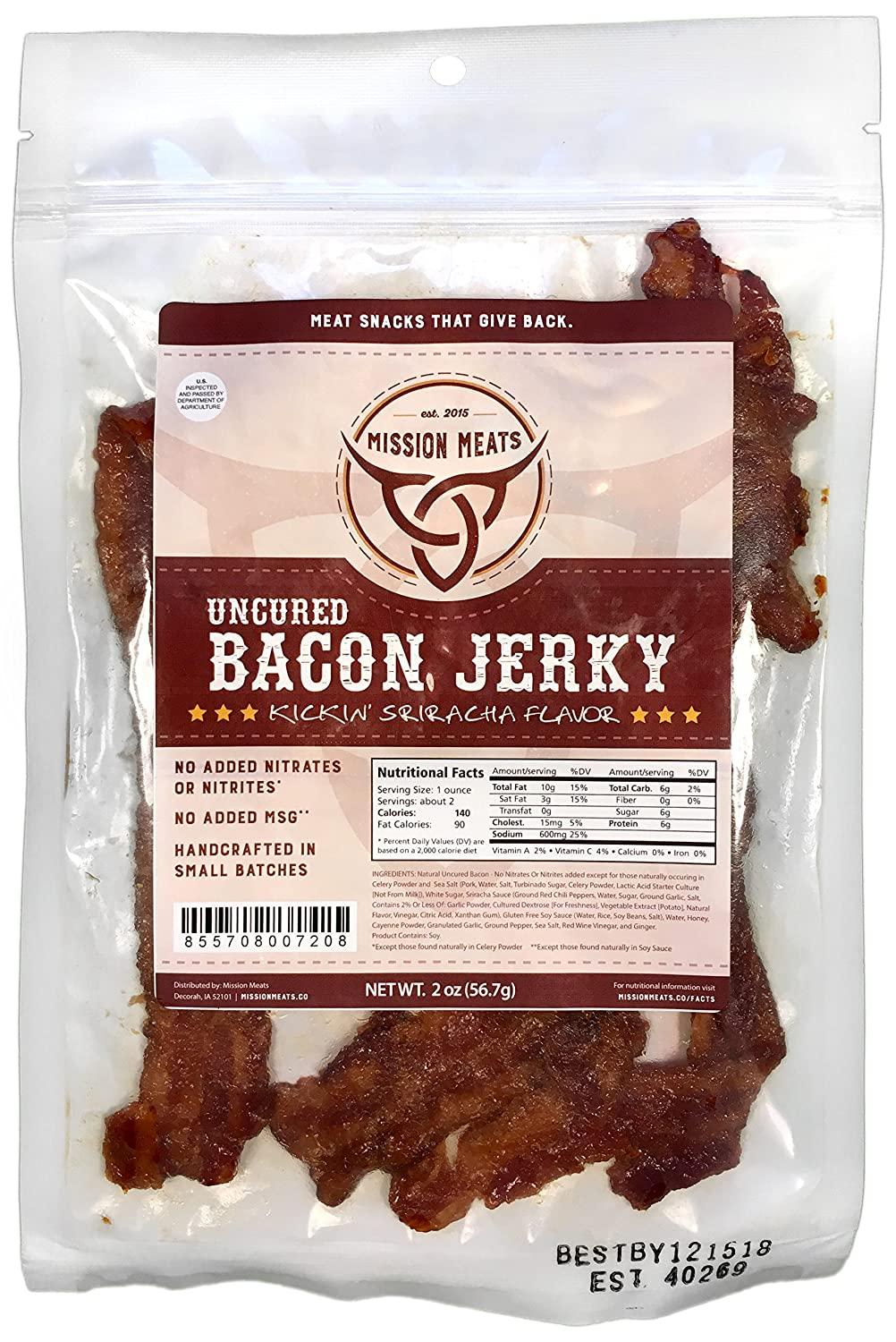 Mission Meats Delicious Uncured Kickin Sriracha Bacon Jerky Hand