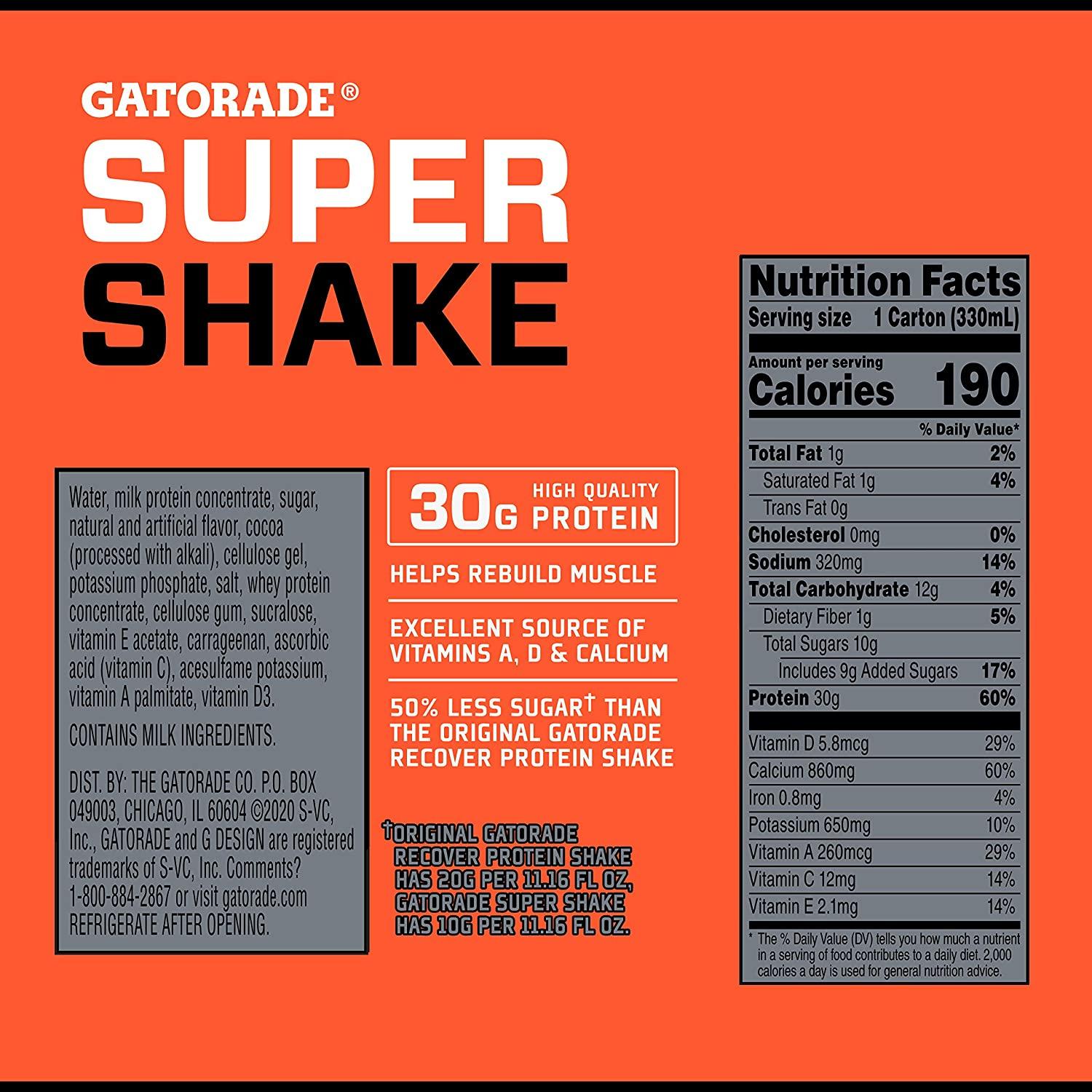 Gatorade Super Shake, Chocolate, 30g Protein, 11.16 fl oz Carton (Pack