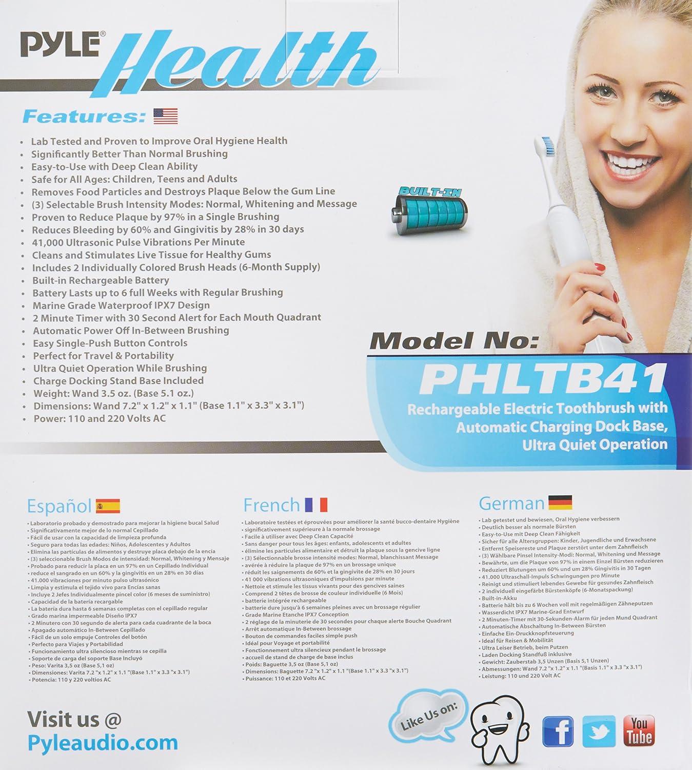 Buy Pyle Health Ultrasonic Rechargeable Electric Toothbrush - 3 Modes Timer  2 Brush Heads - Ideal for Kids Teens & Adults - PHLTB41BK | Buy Now with  Express International Delivery | GoSupps.com