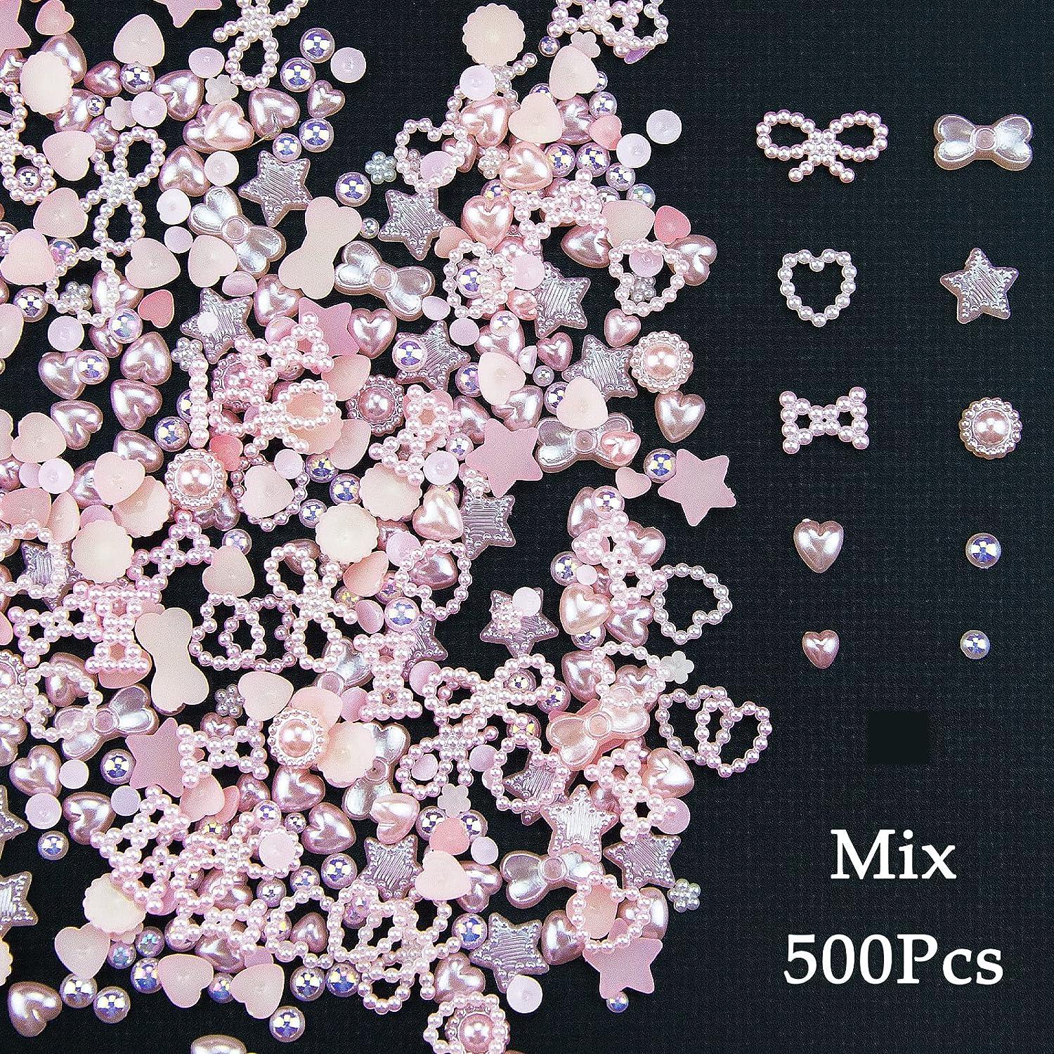 500Pcs Pink Pearls Heart Nail Charms Mixed Styles Flatback Heart