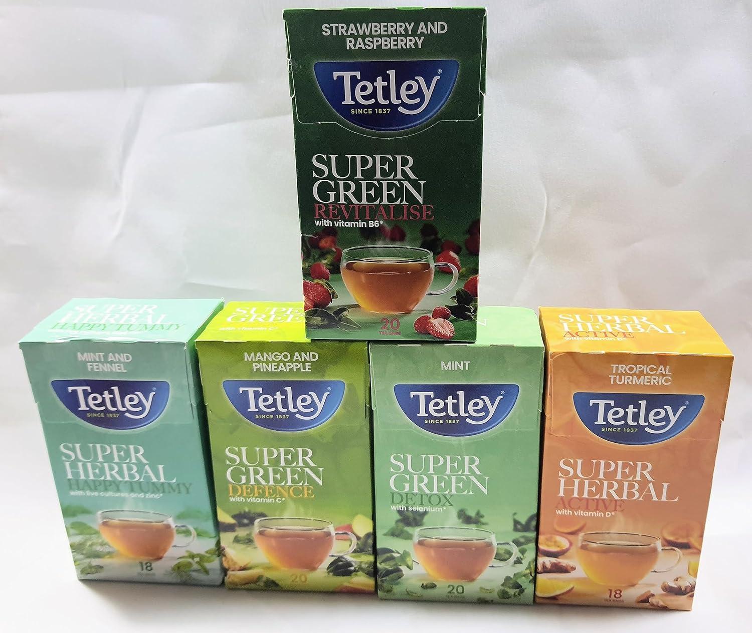 Tetley Super Green Teas Revitalise Tummy Defence Detox Active Variety Selection 5 Boxes 100 Tea