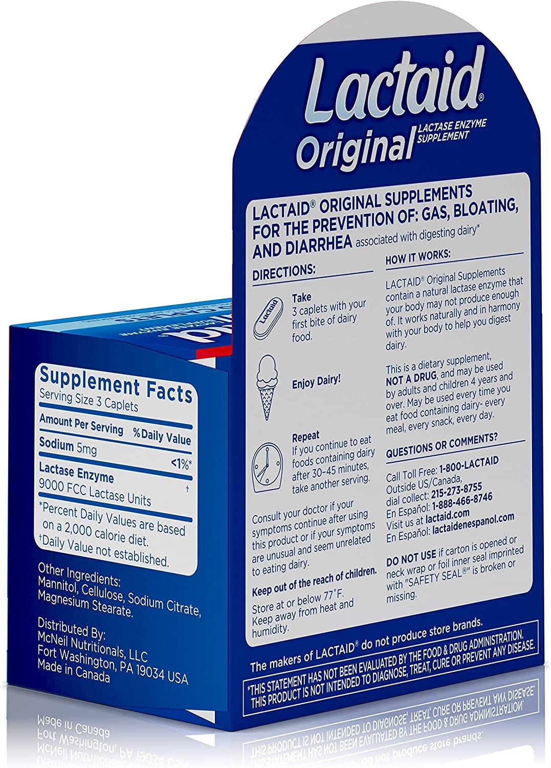 Lactaid Original Strength Lactose Intolerance Relief Caplets with Natural Lactase Enzyme, 120 ct