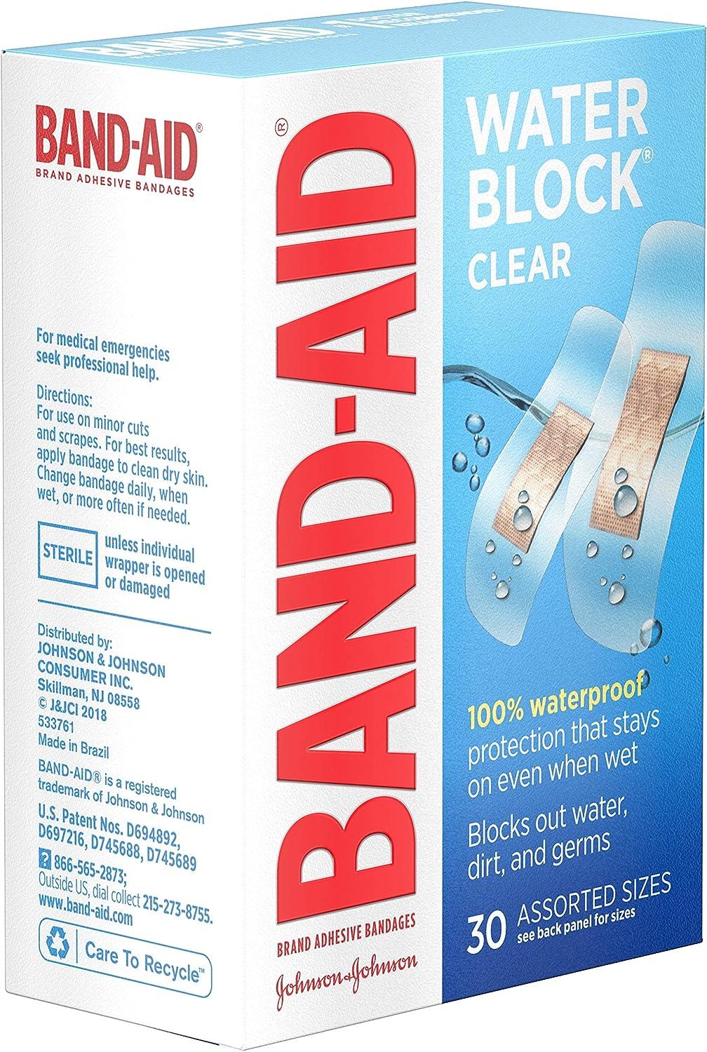 Band-Aid Brand Water Block Clear Waterproof Sterile Adhesive Bandages for  First-Aid Wound Care of Minor Cuts and Scrapes Assorted Sizes 30 ct 30  Piece Assortment