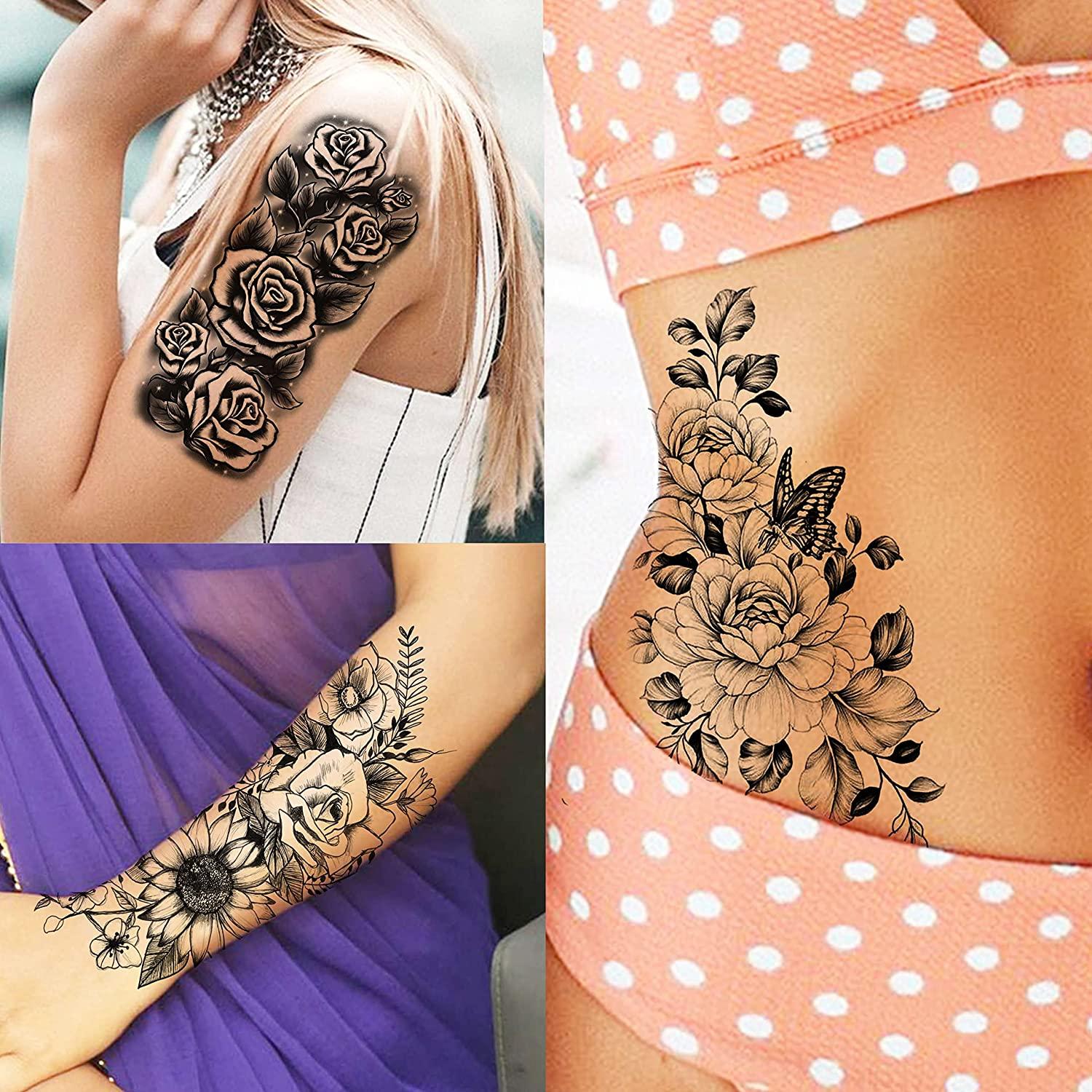 COKTAK 59 Sheets Sexy 3D Rose Flower Temporary Tattoos For Women Girls Arm  Neck, Snake Floral Sunflower Leaf Peony Fake Tattoo Sticker Adult, Black  Realistic Temp Tatoos Moon Dandelion Butterfly Thigh