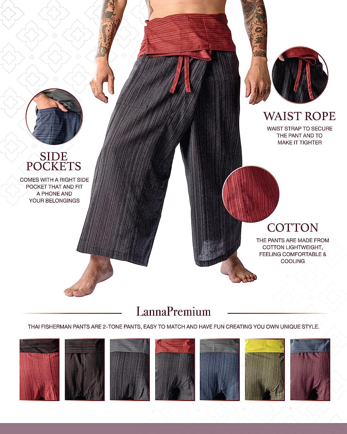 LannaPremium Thai Fisherman Pants for Men Women Yoga Pants Pirate Pants 2  Tone - Martial Arts Pants Gray Black