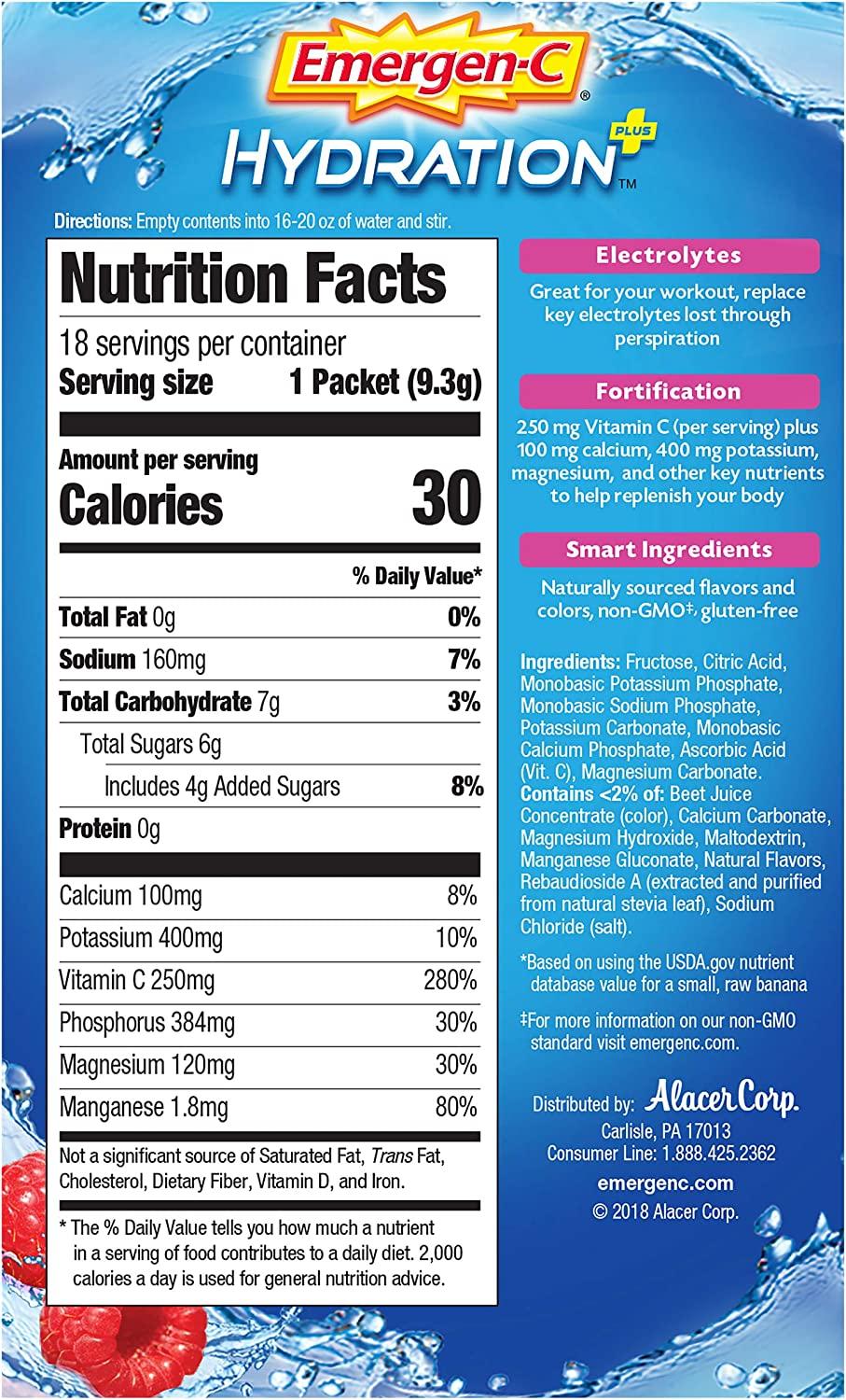 EmergenC Hydration Plus Electrolyte â€“ Raspberry Splash, 18 Packets