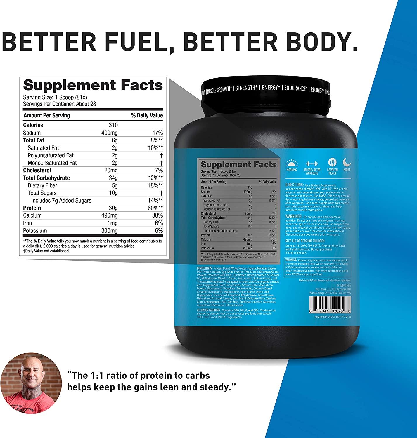 Mass JYM Weight Gainer Protein Powder Egg White, Milk, Whey Protein