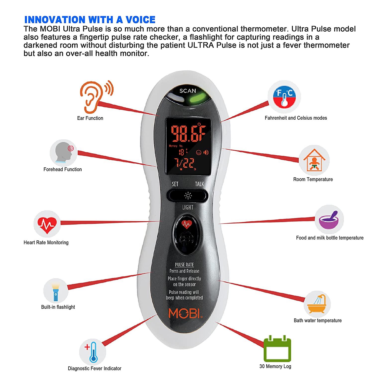 MOBI Ultra Pulse Digital Thermometer Ear & Forehead Indicator Pulse