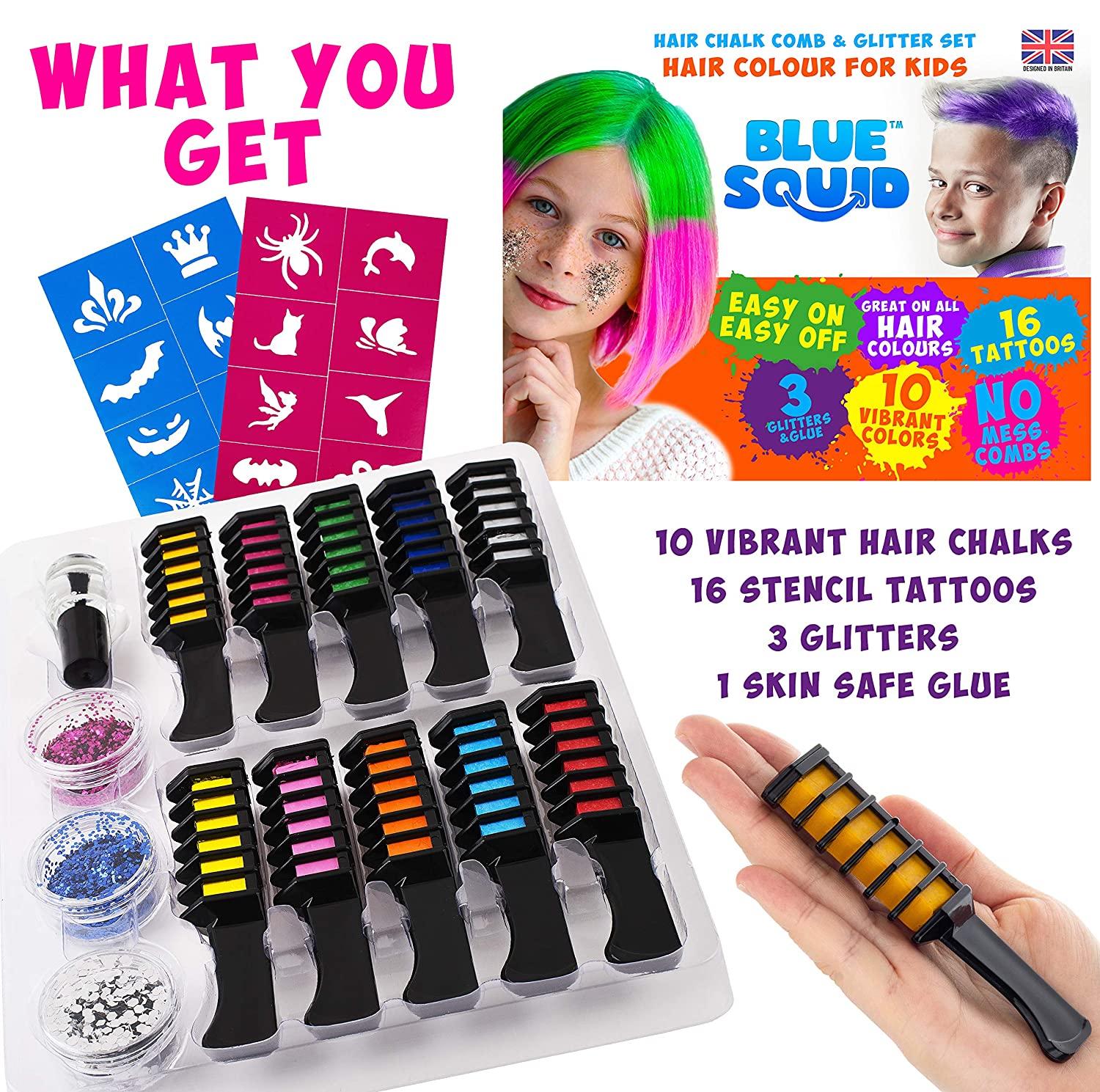 Blue Squid Hair Chalk for Girls Hair Color Combs, Vibrant Temporary Hair  Color for Kids, Washable Hair Dye, Teenage Girls Gifts Ideas, Perfect 6 7 8  9 10 11 12 Girl Gifts Multi+GlitterTattoo - 10pcs 16 Piece Set