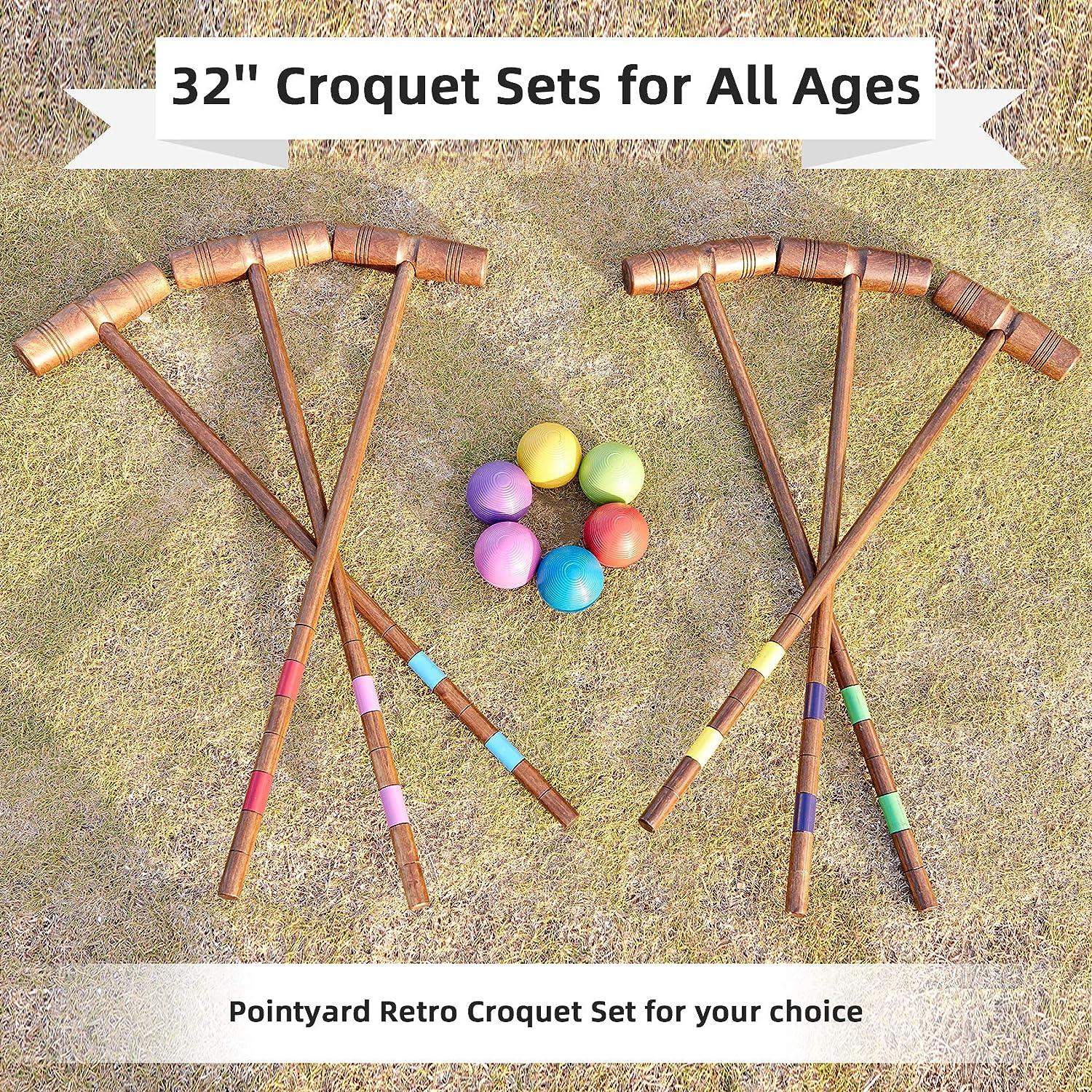 Pointyard 32 Six Player Croquet Set, Regulation Classic Vintage Croquet Set with Wooden Mallets