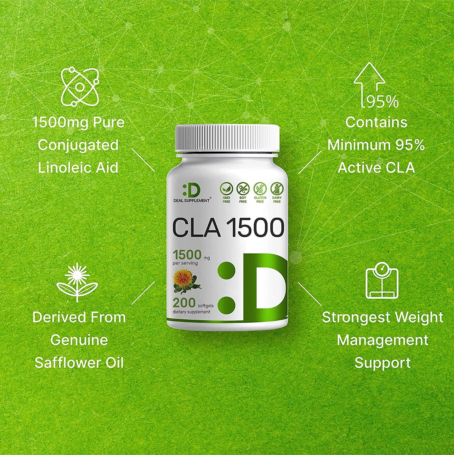 CLA 1500mg Per Serving, 200 Softgels, Extra Strength 95 Conjugated Linoleic Acid from Safflower