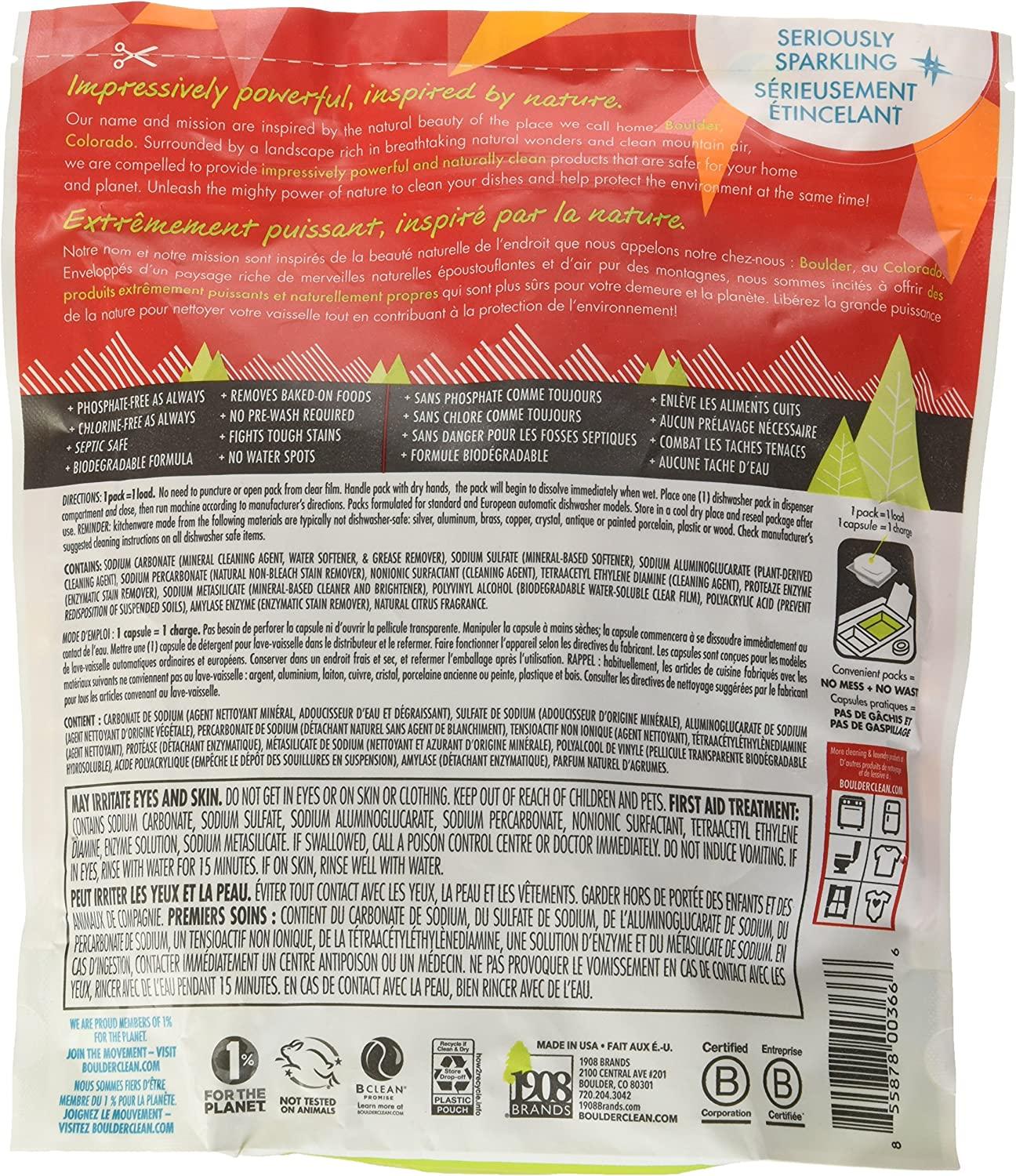 Boulder Clean Dishwasher Detergent Packets Citrus Zest, 48 Count