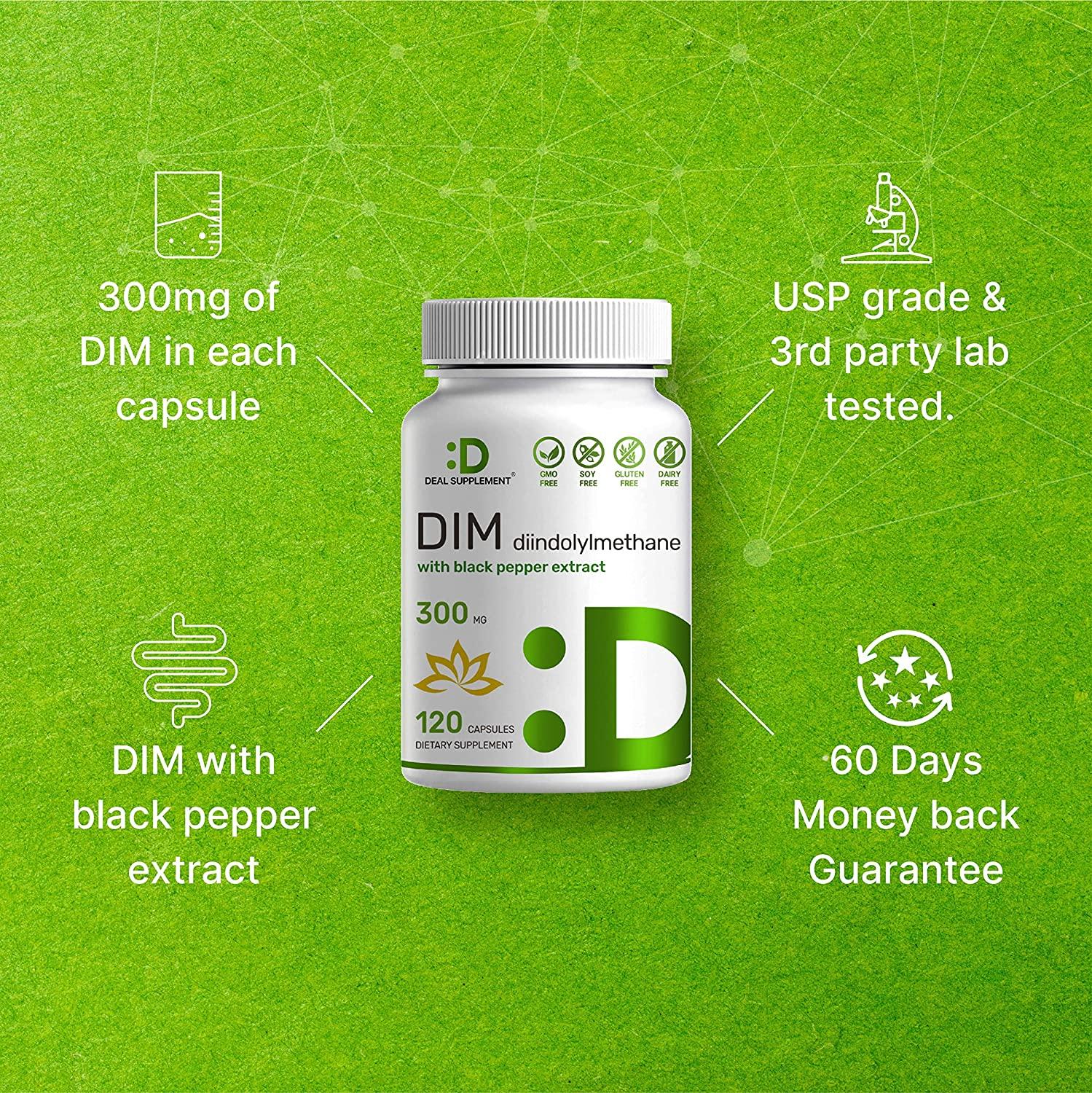 DIM Supplement 300mg, 120 Veggie Caps, 4 Months Supply, 2-1 Formula, Diindolylmethane  DIM Plus Black Pepper Extract, Estrogen Balance, Supports Acne & PCOS Relief